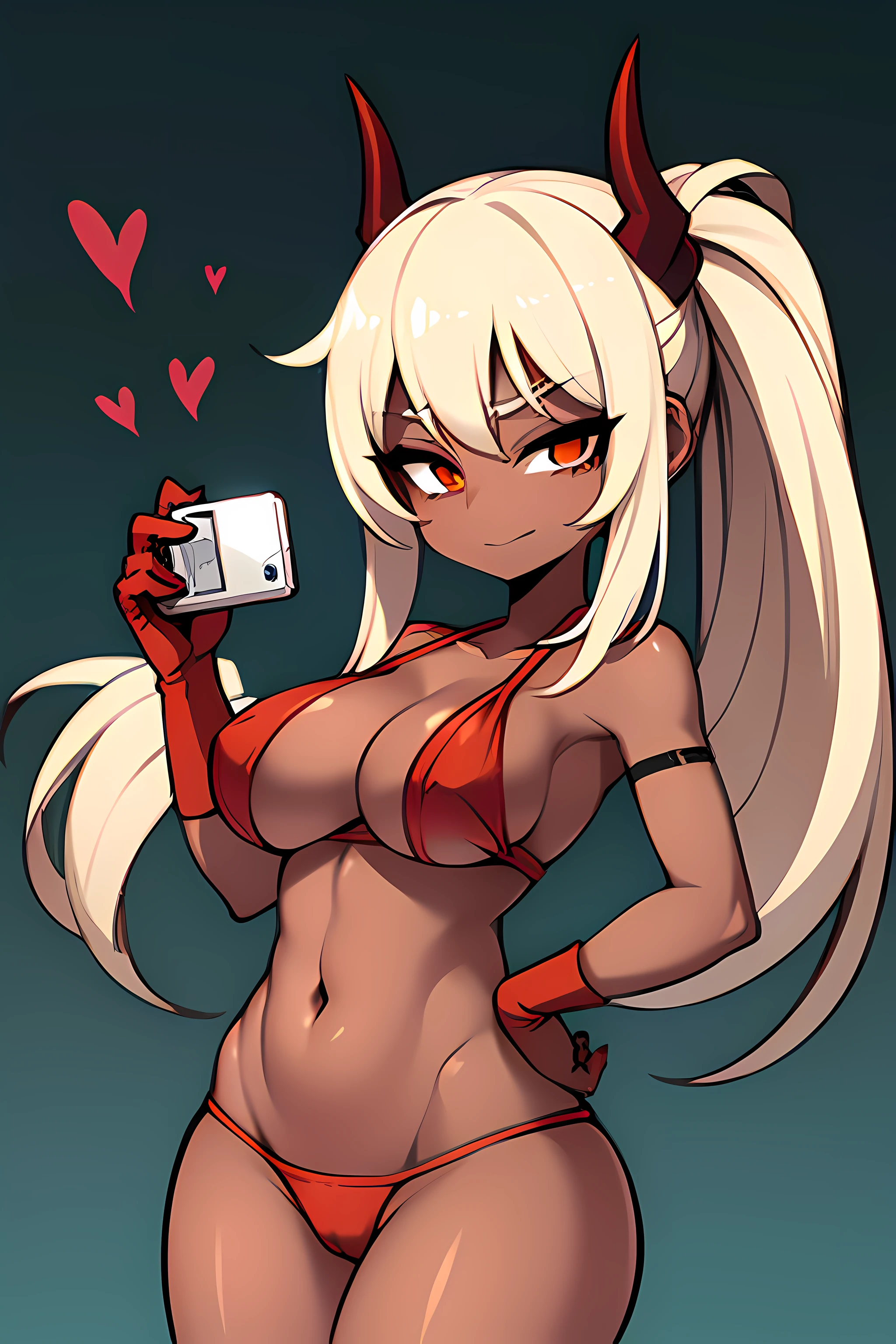 best quality, high_resolution, red-skinned demon girl, with red skin, with a lustful face has her hips on the camera, the camera can see her panties, blonde pigtails hair, brown eyes, a boob size A, sfw