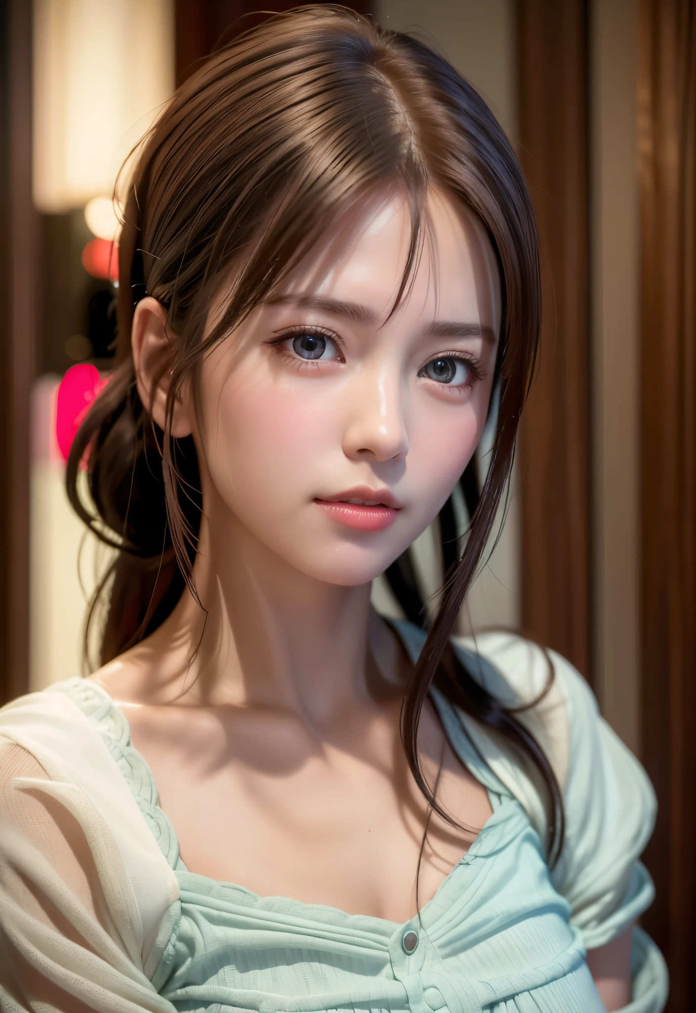 8K, of the highest quality, masutepiece:1.2), (Realistic, Photorealsitic:1.37), of the highest quality, masutepiece, Beautiful young woman, Pensive expression, Gentle eyes, Cute Nightgown、full of shyness、Hair tied back, Messy mood, Cinematic background, Light skin tone