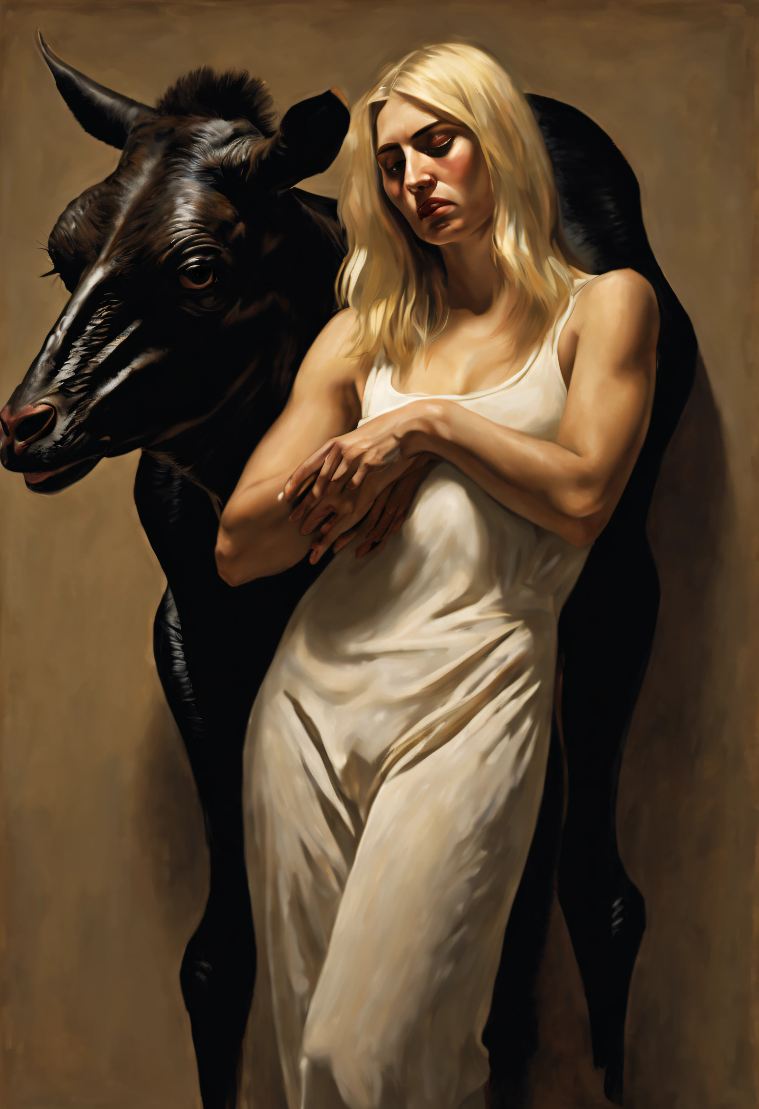 "(The best lighting, alto contraste, oscuro, dramatic),(Chica rubia junto a una cabra negra gigante, Open the rib cage, feto, autopsia, huesos humanos, sangre por las paredes). Luz Caravaggio"