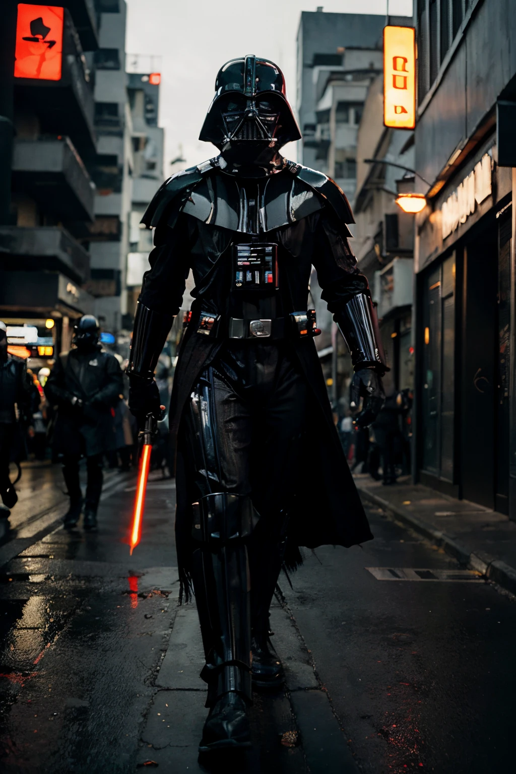 Um ambiente cyberpunk com darth vader andando em uma rua movimentada com um sabre de luz vermelho aceso.