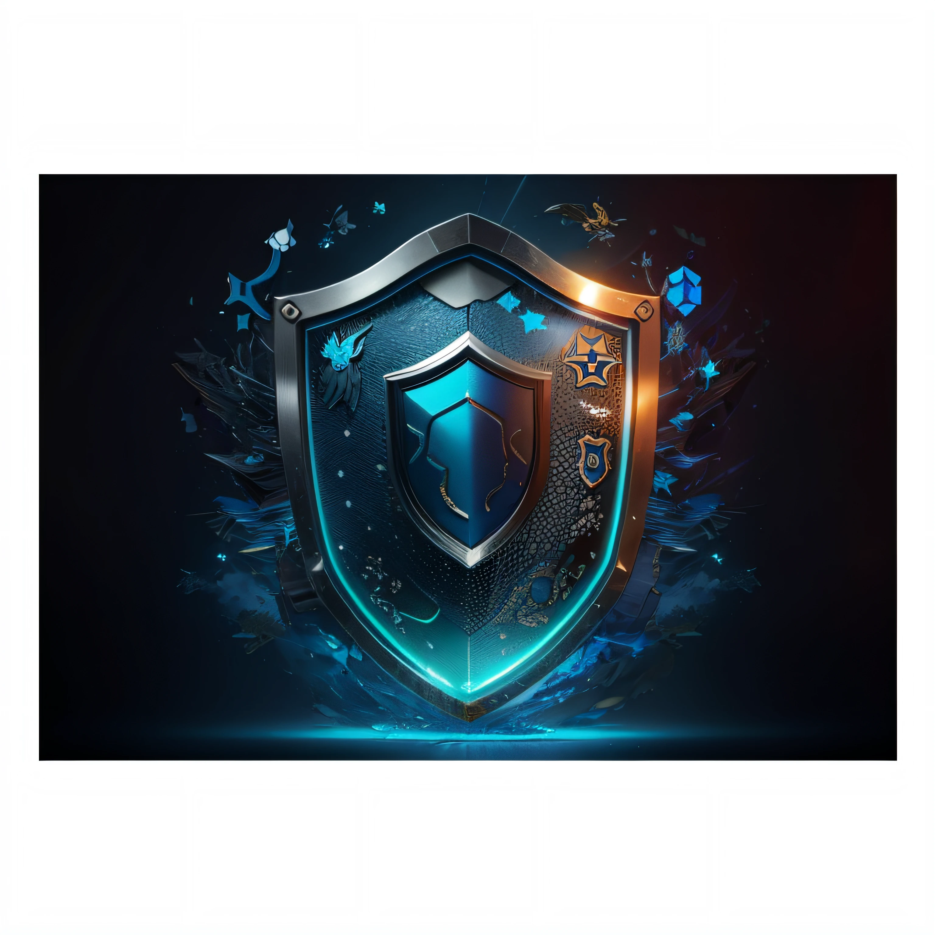 um escudo azul com vidro quebrado em um fundo preto, design do escudo, cyber security polygon, Sheild, escudo de fantasia, metal shielding, emblema do escudo, escudo, Energy Shield, detalhado, Epic Soft Illustration, Escudos, design liso, 3D Icon for mobile game, protection, Directed by: Adam Marczyński, Logotipo esportivo, por Dan Content
