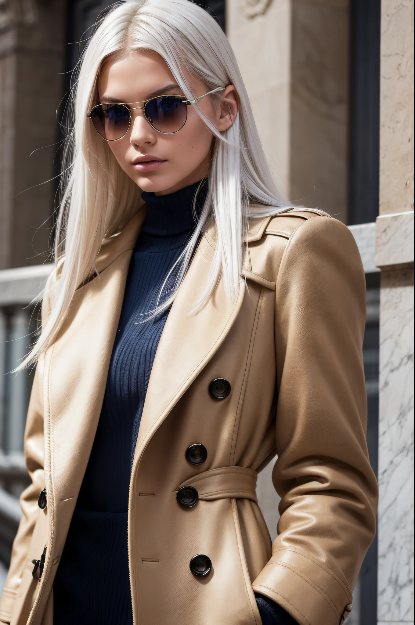 White hair, White hair, glowing hair, Detailed hair, Blue Eyes, beautidful eyes, extremely detailed eyes and face, Beautiful detailed eyes, Ultra-detailed, light on the face, Fair skin, a 18 year old girl, bianca, long hair down to the waist, Wear the Burberry Winter Collection,Inspired by birds, Milan Fashion Week, BAPV, New York Stock Exchange(New York Stock Exchange(New York Stock Exchange(NYFW))), Vogue Style, s whole body, happy, Creative archetype, looking at camera, burberry sunglasses, burberry accessories