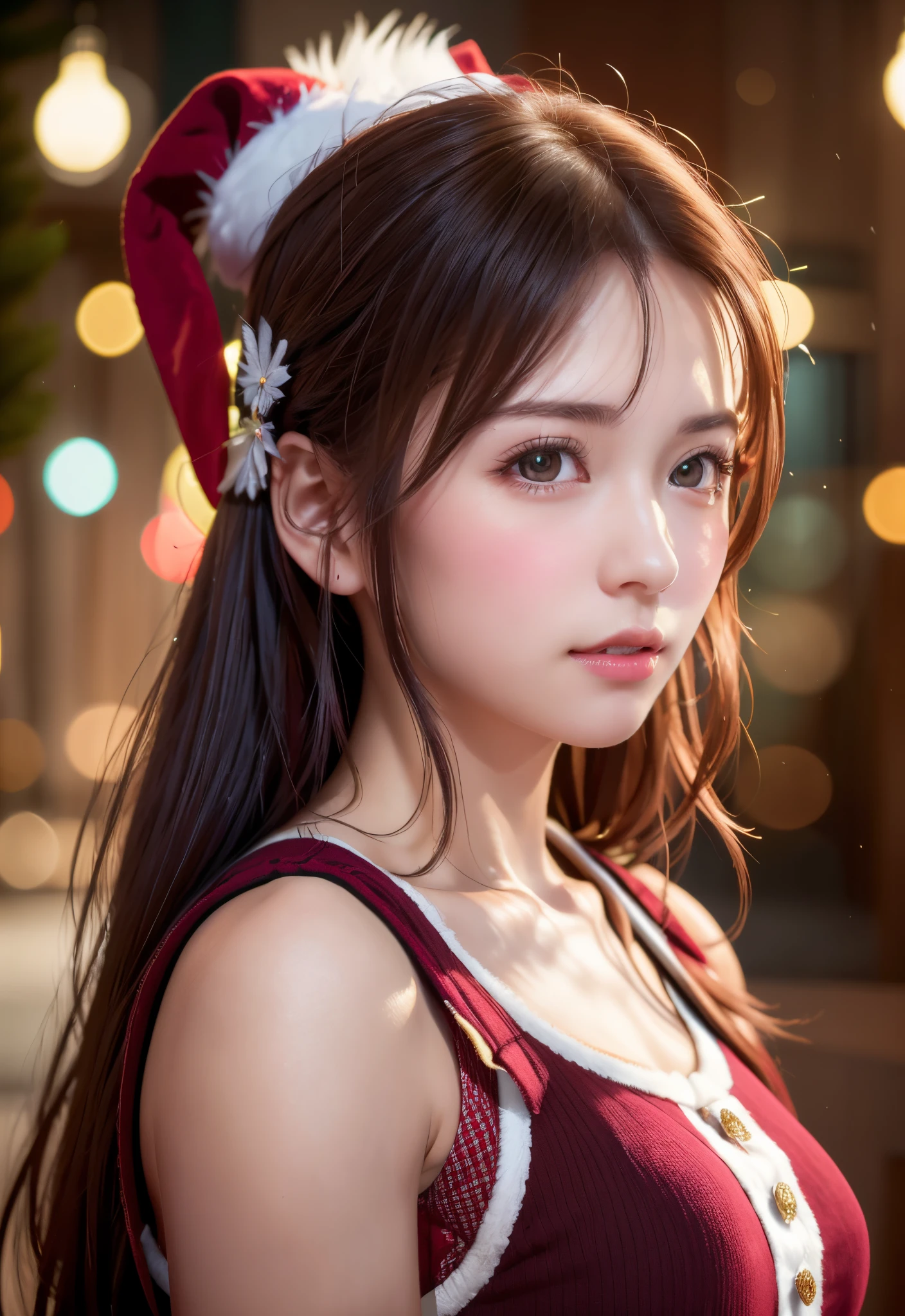 8K, of the highest quality, masutepiece:1.2), (Realistic, Photorealsitic:1.37), of the highest quality, masutepiece, Beautiful young woman, Pensive expression,、A charming、and an inviting look, cute santa clothes, Hair tied back, Cinematic background, Light skin tone