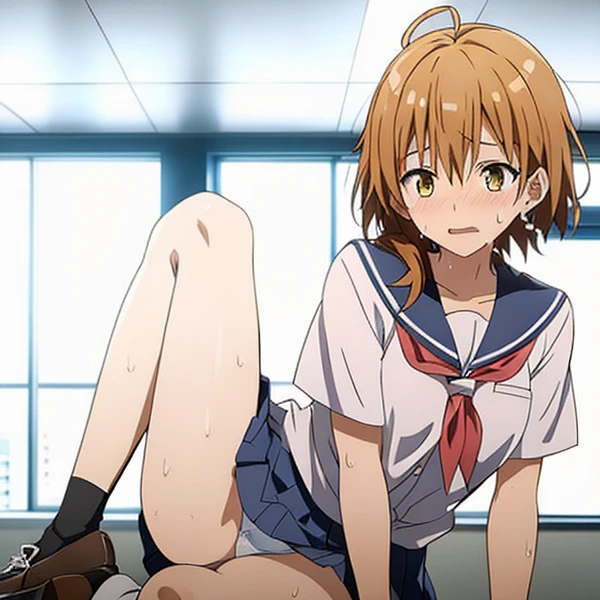 blushed、(Feminization、Japan school uniform、Check skirt、sit with curled under、pigeon-toed、white erotic panties、Light makeup)、short-hair、full body Esbian、feminine breasts、ligh brown hair、(masutepiece, Best Quality)、 Shiny skin、(1girll: nase, Naughty blush, Sweat flows)