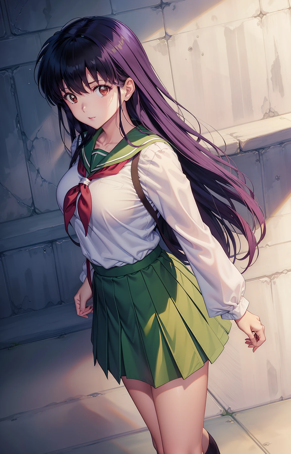 巨作, Best Quality, HD, young girl, Kagome Higurashi, school uniforms, 8k, Colored, full body, short skirt