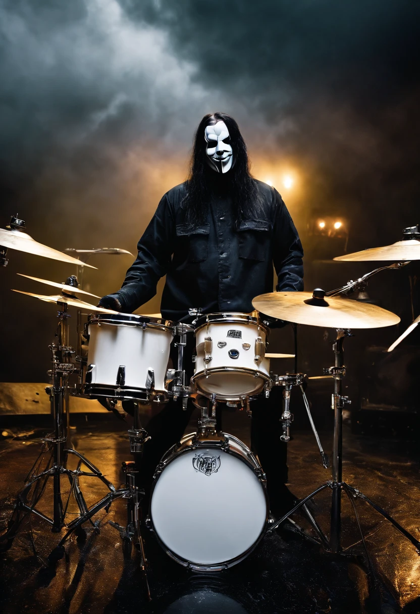 A photo of Slipknot's masked drummer, Joey Jordison, practicing intense drum fills in the middle of a thunderstorm.,original,slipknot, male