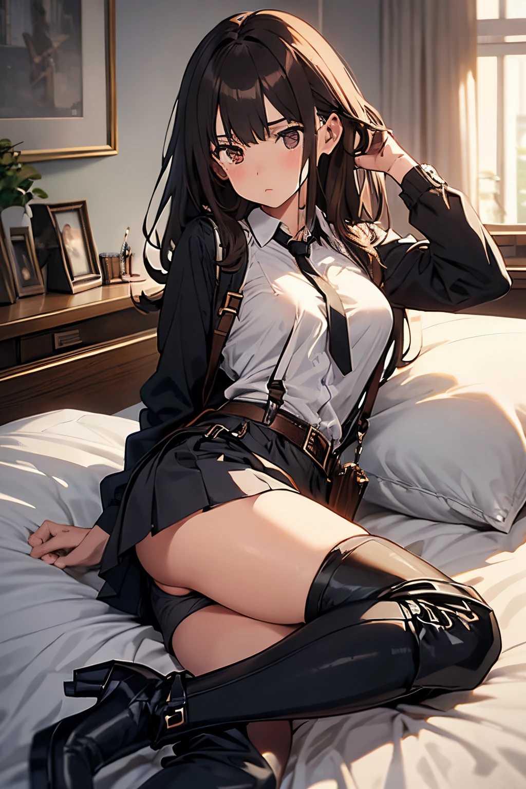 Brown hair、watching at viewers black suspenders Bulging big breasts walls: Black miniskirt garters Gaze Small face bangss holster Belt Armament Beautuful Women srestrained hands up Lying in bed Leg holster lying on the bed Gaze black boots panty shot
