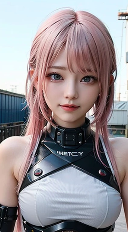 ((top-quality)), ((​masterpiece)), (high-detail:1.3), 。.。.。.。.3D, Beautiful fece (cyberpunked:1.3) Pink colored hair、Hacker woman dressed in white looking at camera、(A slight smil:0.4)