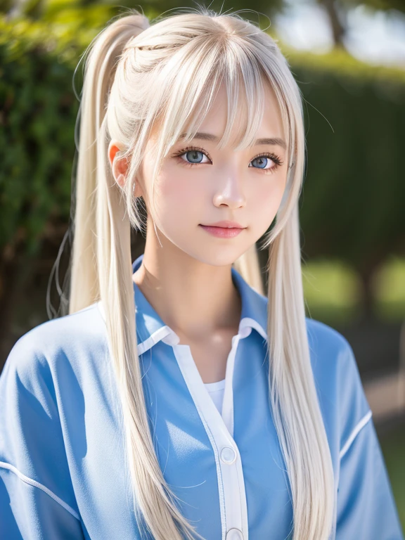 1 girl, The most beautiful girl in the world、Extra-long hair, Beautiful and cute -yeld gibeautiful bangs、Very beautiful face、bright expression、A beautiful Blue eyes, Bright dazzling platinum blonde hair、pony tails、Long, straight hair、Eyebrows behind bangs、student clothes、校服、textured white skin, high detal, Best quality at best, 4K high resolution、White muscle、Glossy glossy skin、Small-faced beauty