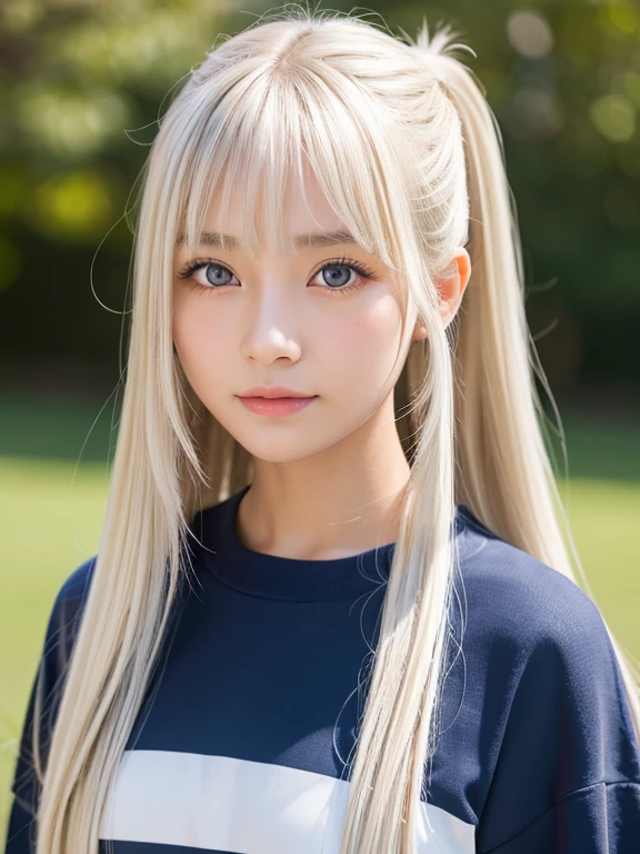 1 girl, The most beautiful girl in the world、Extra-long hair, Beautiful and cute 、beautiful bangs、Very beautiful face、bright expression、A beautiful Blue eyes, Bright dazzling platinum blonde hair、pony tails、Long, straight hair、Eyebrows behind bangs、student clothes、校服、textured white skin, high detal, Best quality at best, 4K high resolution、White muscle、Glossy glossy skin、Small-faced beauty