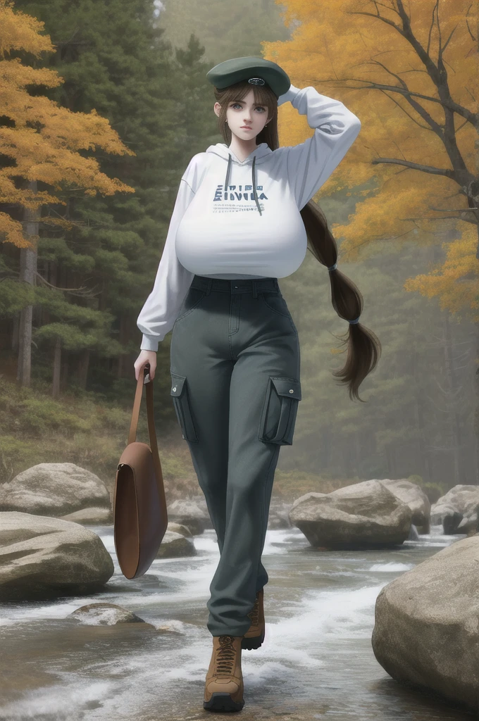 18 years old, American girl, (young:0.8), Alexandra Daddario, sad, fit, fully clothed, (tall:1.3), big head, (very long hair:1.3), low ponytail, sfw, 1 girl, hanging breasts, (massive enormous gigantic colossal breasts:1.5), hiking over rocks, walking, autumn colors, trees, tan cargo pants, oversized pale hoodie, tan pants and pale hoodie, brown hiking boots, low newsboy cap, 8k uhd, absurdres, realistic