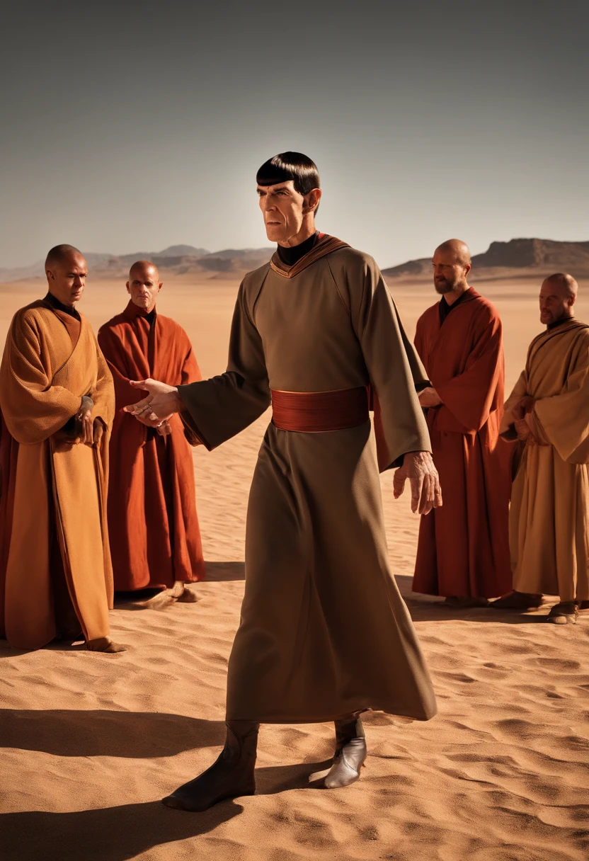 A photo of Spock in the Vulcan desert, performing the Kolinahr ritual with a group of Vulcan monks.,Star Trek,Spock, the iconic character from “Star Trek,” is distinguished by his unique Vulcan appearance: sharp, angular features, with notably pointed ears and slanted eyebrows, often complemented by his calm, composed expression. His hair is typically cut in a precise, straight style, adding to his orderly and logical demeanor., male