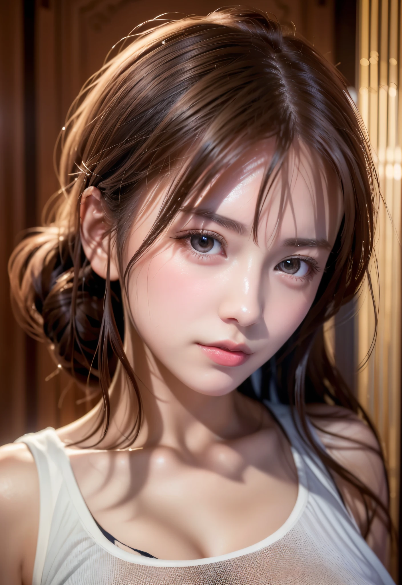 8K, of the highest quality, masutepiece:1.2), (Realistic, Photorealsitic:1.37), of the highest quality, masutepiece, Beautiful young woman, Pensive expression, Gentle eyes, Cute Nightgown、full of shyness、Hair tied back, Messy mood, Cinematic background,  Light skin tone