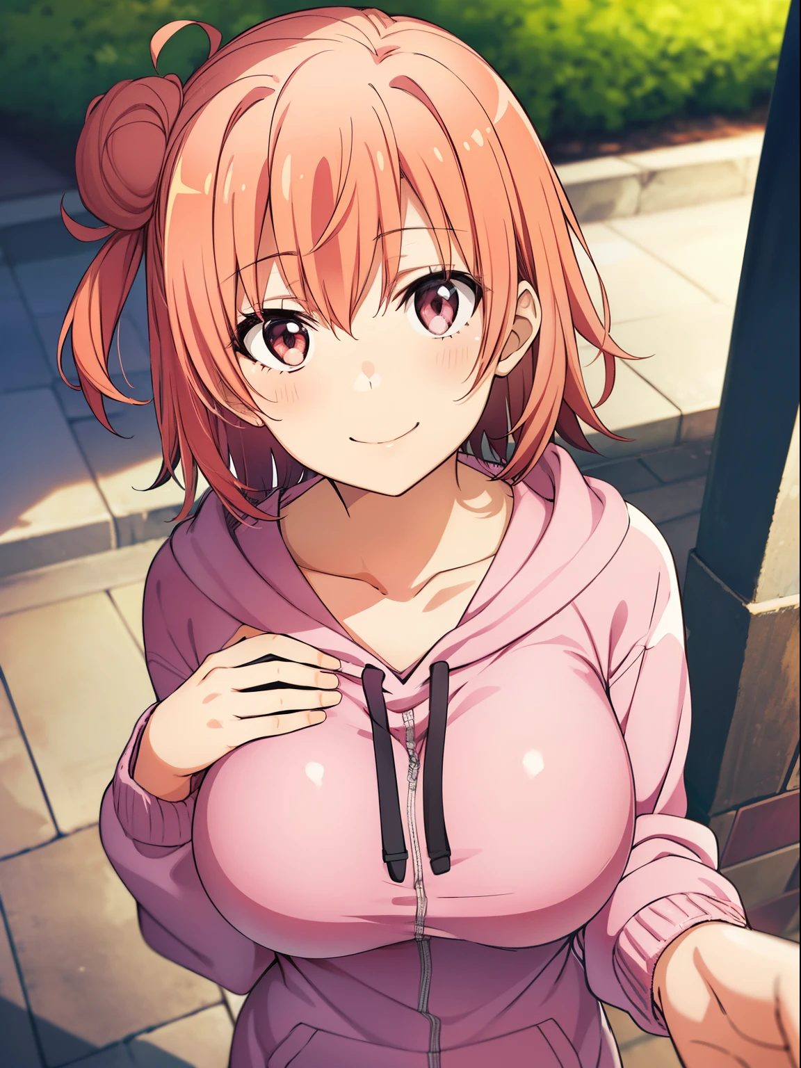 ((masutepiece, Best Quality, hight resolution, nffsw, Perfect Pixel, depth of fields, 4K, nffsw, nffsw))),
1girl in, Single, Solo, Beautiful anime girl, Beautiful Art Style, Anime Character,
Yuigahama Yui,
(large boob:1.2),
Short hair, Hair bun, Pink hair,
pink hoodie,
(Smile),
From above, Upper body, Upper Eyes,
Looking at Viewer, Focus, pov,
Street,