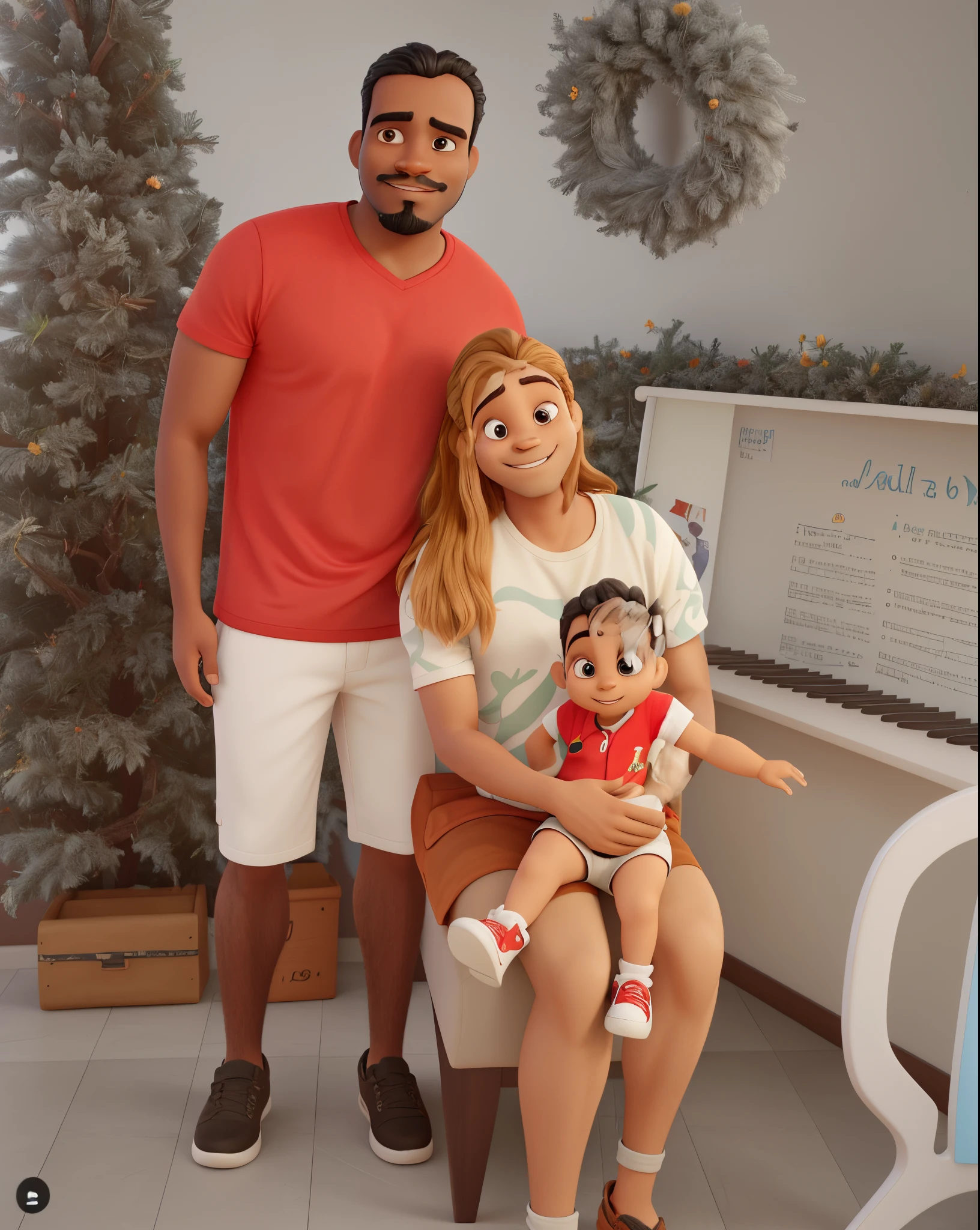 A Disney-Pixar-style 3D movie poster, a dark-skinned man of Indian race, straight medium hair with beard and mustache, ao lado de uma jovem sorrindo de cabelo ruivo laranja, sentado em uma cadeira segurando o filho de 1 ano no colo, ao fundo de fundo de uma sala natalina