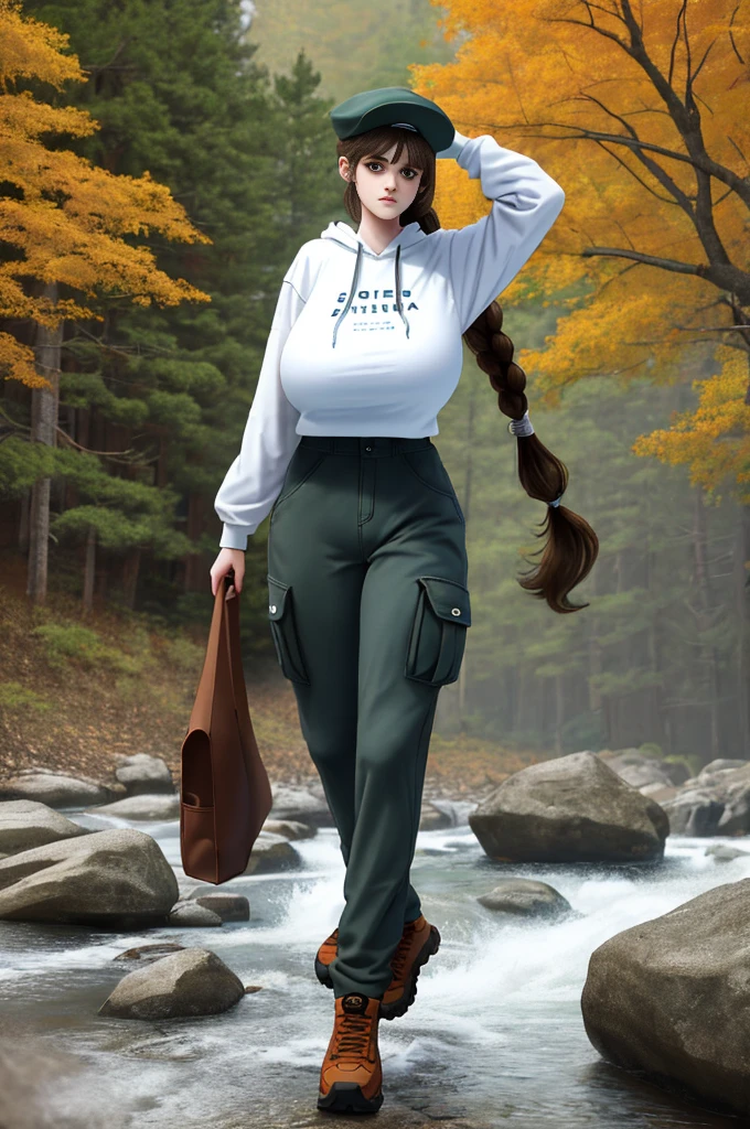 18 years old, American girl, (young:0.8), Alexandra Daddario, sad, fit, fully clothed, (tall:1.3), big head, (very long hair:1.3), low ponytail, sfw, 1 girl, hanging breasts, (massive enormous gigantic colossal breasts:1.4), hiking over rocks, walking, autumn colors, trees, tan cargo pants, oversized pale hoodie, tan pants and pale hoodie, brown hiking boots, low newsboy cap, 8k uhd, absurdres, realistic