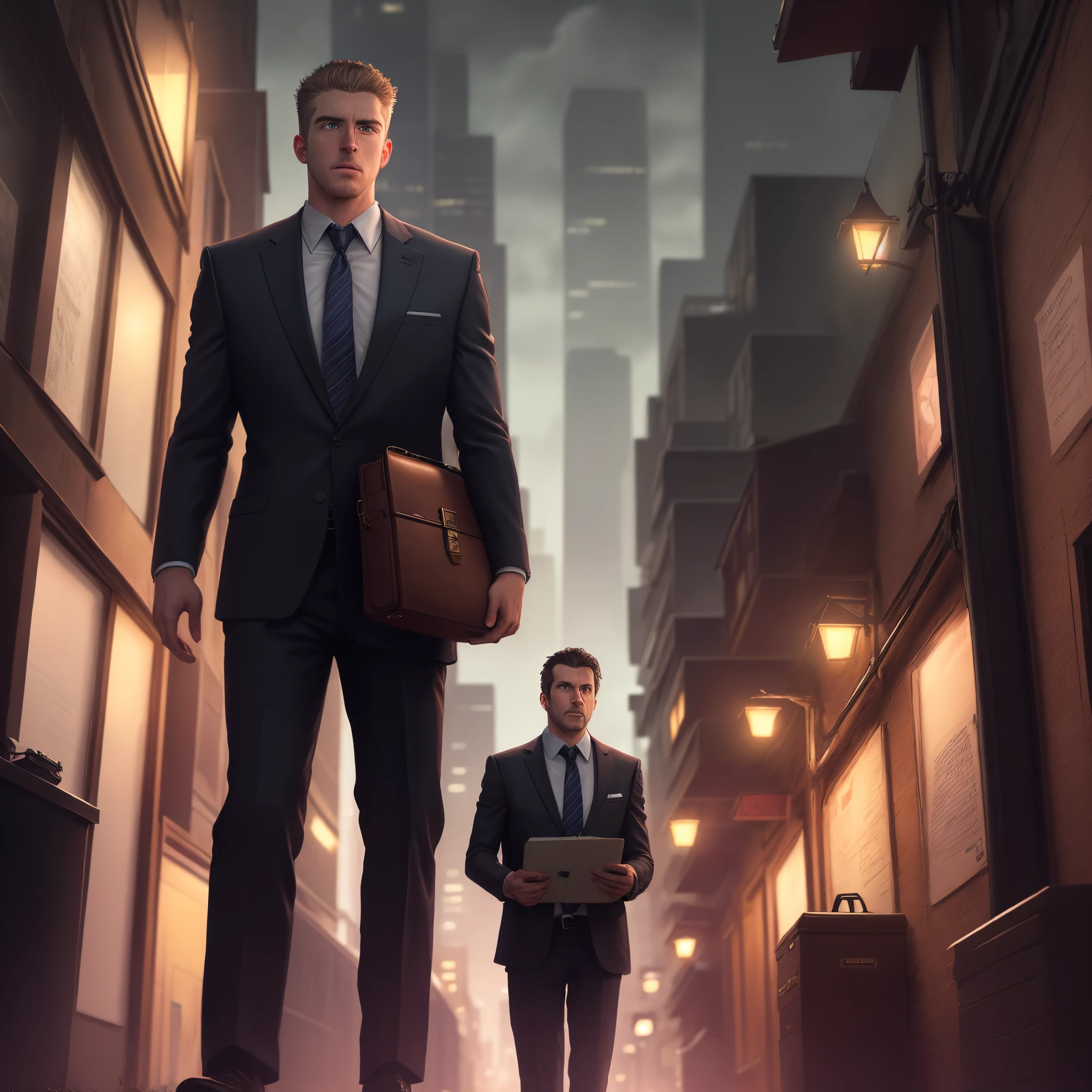 Tom engages in a tense briefcase exchange in a dimly lit city alley, surrounded by looming figures.