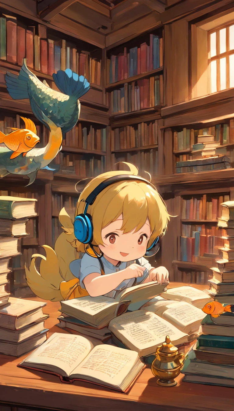 "emu, Library and Air Circulation Committee, A baby wearing headphones is reading and immersed in a pile of old books. beautiful fish and beautiful fish, Tea Horse Hall Black, It lay lazily on the wooden counter next to it. the last time, Creates a golden dust beam,
