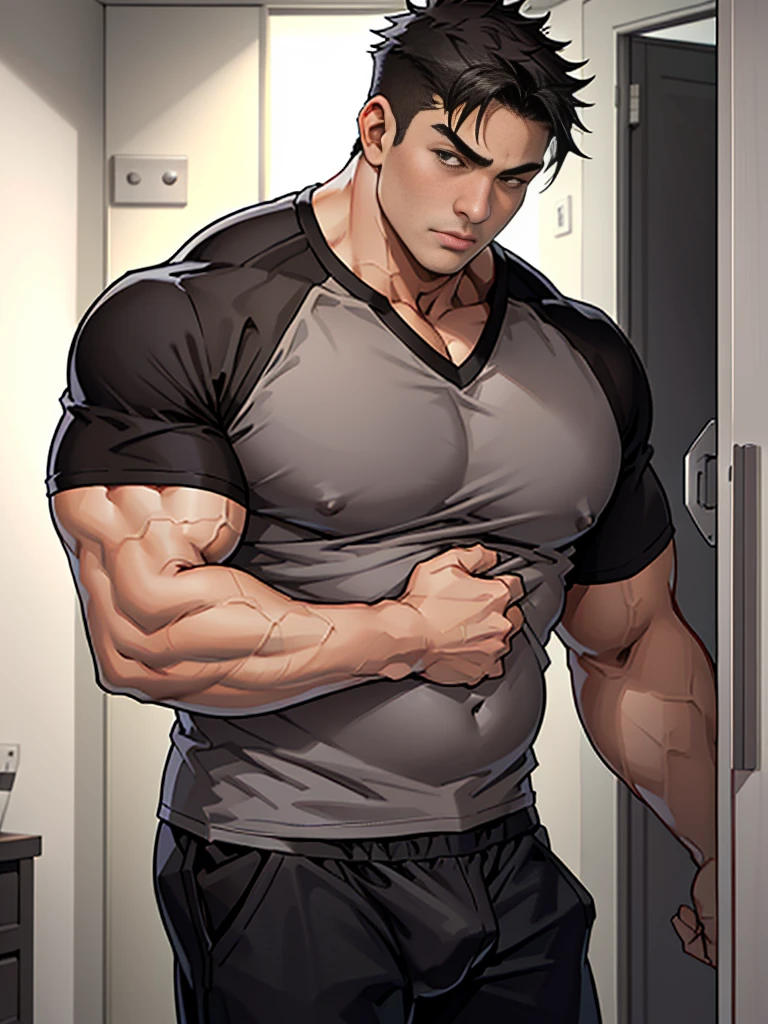 (Masterpiece, Best Quality:1.3), 1Boy, muscluar, side part hairs, Short hair, Black hair, dark brown eyes, (v neck t shirts:1.2), (raglan t shirt:1.2), (grey briefs, low rise briefs:1.2), huge bulge, (Pectoralis major: 1.5), (Men's breasts:1.5), huge chest, huge thighs, fat men, thick arms, thick legs, fat body, Huge fat, strong, upper_Body=(face_door_torso), closed mouth, In bedroom,