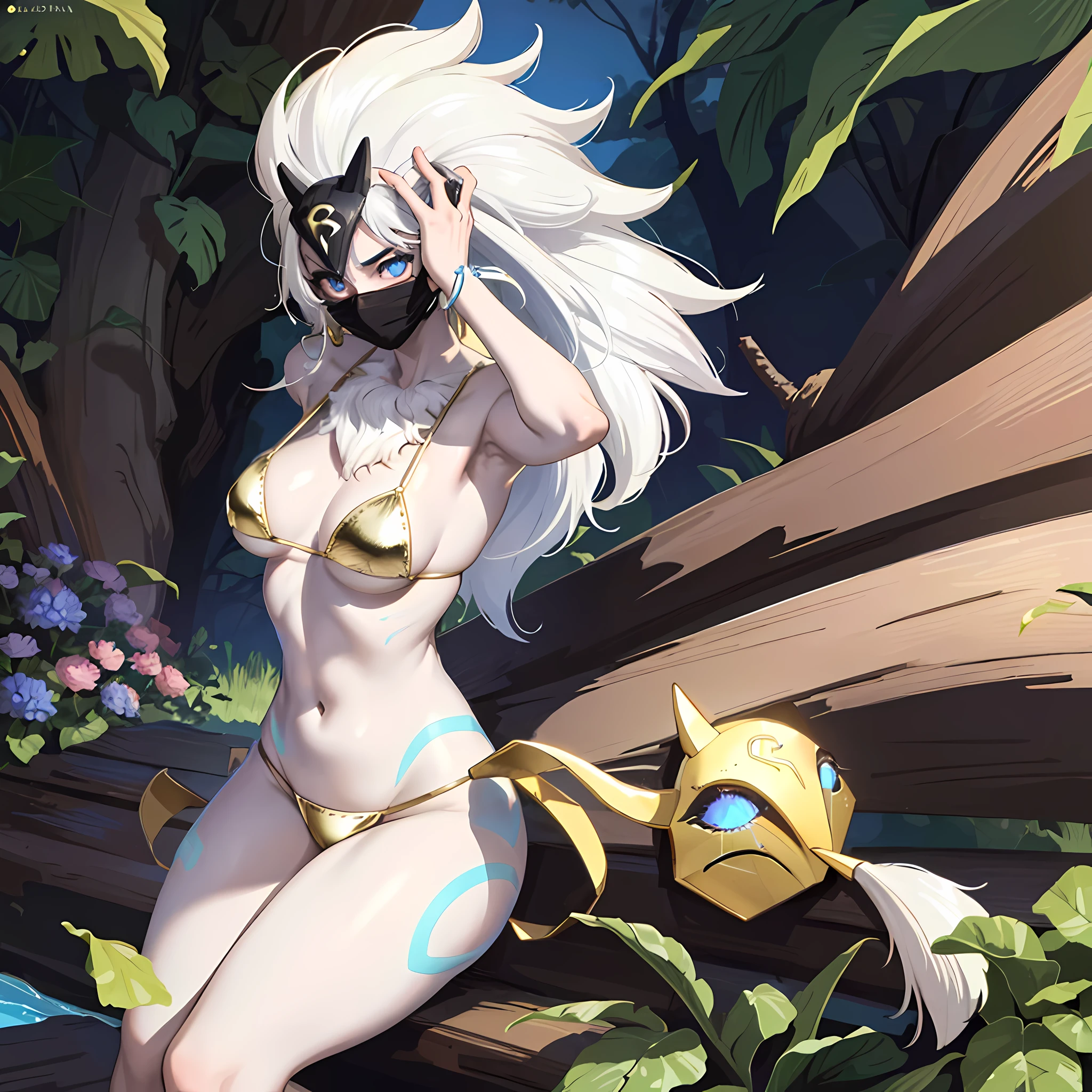 ((电影灯光, Best quality at best, 8K, tmasterpiece :1.3)), 1个Giant Breast Girl, Beutiful women, (White hair, Large breasts:1.3), rope panties, the good :1.2, Hope falls, open lips seductively,1个Giant Breast Girl, Permanent, Full body lesbian, Furry female, bodyhair, (White hair, white skinned:1.1), Chest hair tufts, Digital level, White hair, long whitr hair, black masked, (eBlue eyes, eyes with brightness:1.4), little breast, BREAK nature, jungles, a magical forest, Fantasy Forest, grassy, Purple leaves, a plant, bright flowers, Rochas, daysies, sexy for, Show off pussy, showing armpit, ((NSFW)), ((sexual teasing)), ((((gold micro bikini))), (((Mask covers part of the face))), ((big breasts thin waist)), Skinny,