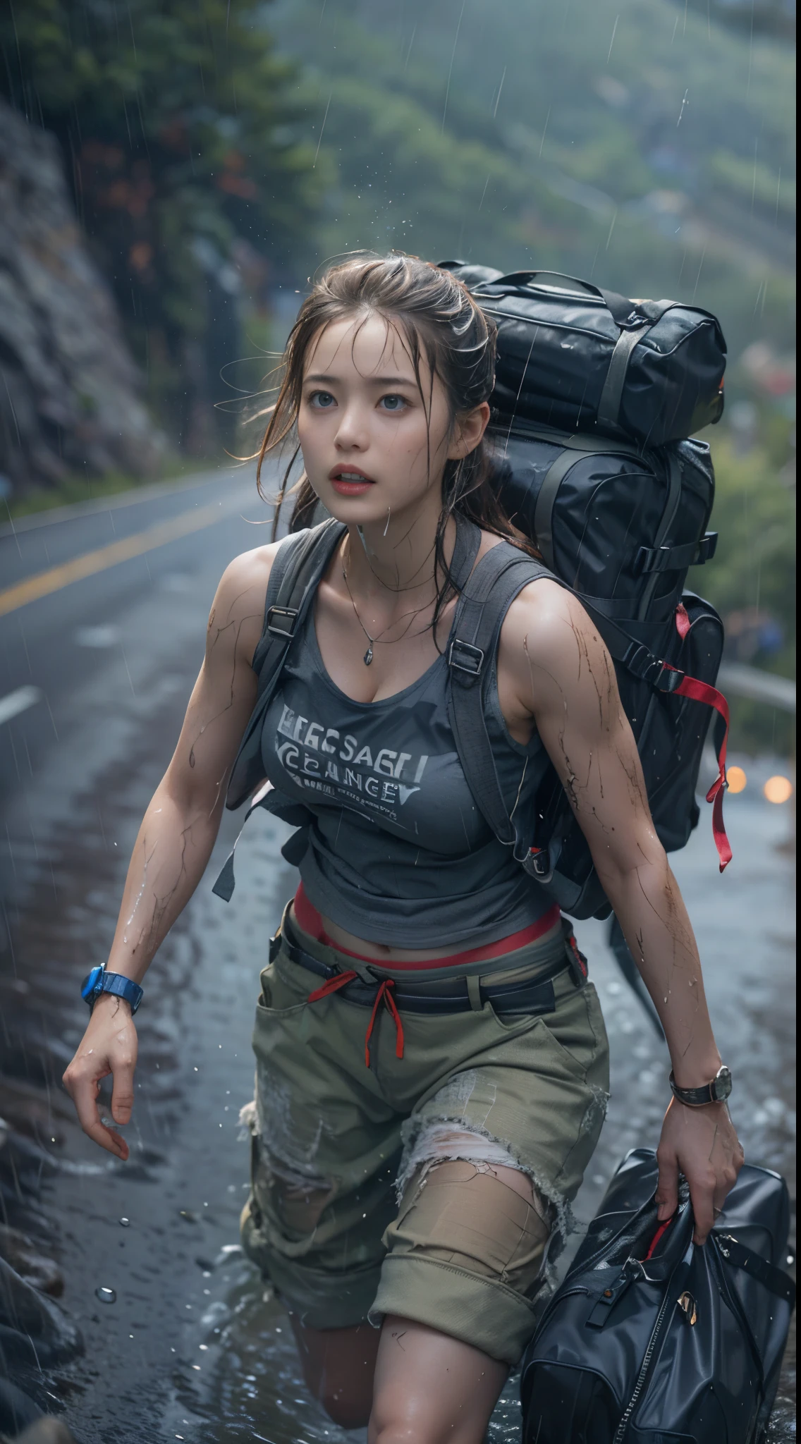 8k, top-quality, （pubic hair beauty）、hight resolution, 逼真, realperson, A beautiful muscular woman is carrying a large amount of luggage with special equipment on her back on a beautiful mountain road in the Alps where it is raining heavily.、((I&#39;m desperately rushing and running as fast as I can))、Hurry、He wears tight shorts and a T-shirt that is so short that his stomach is exposed.、(My hair is soaked from the rain)、huge tit、A lot of sweat in the cleavage、Death Stranding