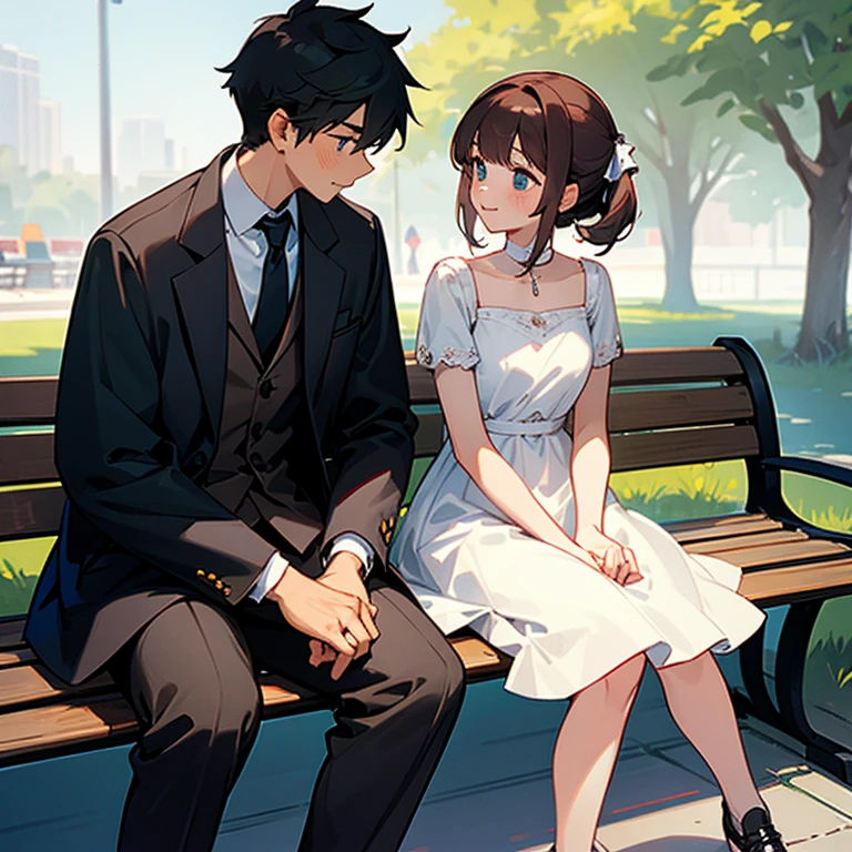 A boy and a girl sitting on a bench - SeaArt AI
