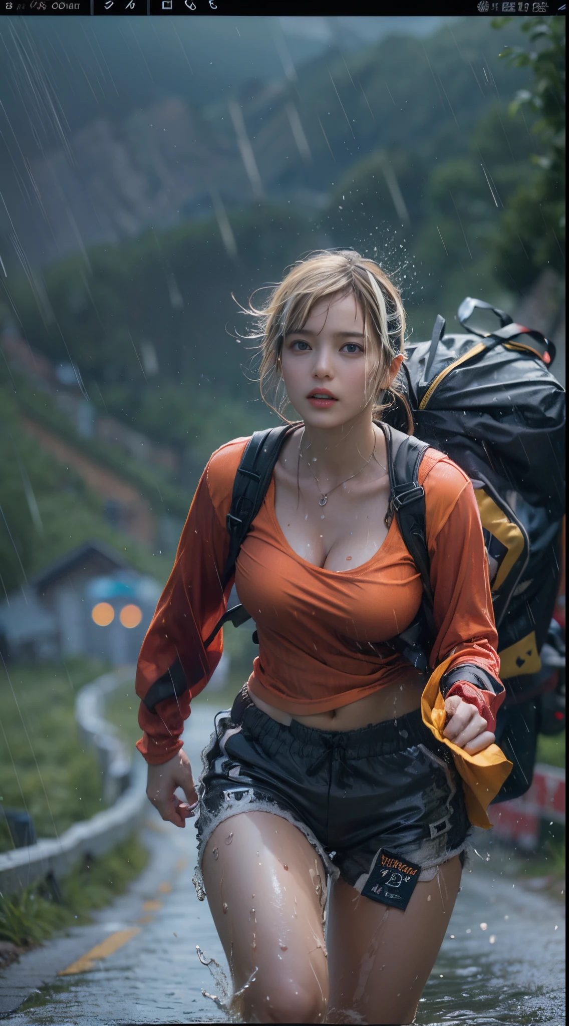 8k, top-quality, （pubic hair beauty）、hight resolution, 逼真, realperson, A beautiful muscular woman is carrying a large amount of luggage with special equipment on her back on a beautiful mountain road in the Alps where it is raining heavily.、((I&#39;m desperately rushing and running as fast as I can))、Hurry、He wears tight shorts and a T-shirt that is so short that his stomach is exposed.、(My hair is soaked from the rain)、huge tit、A lot of sweat in the cleavage、Death Stranding