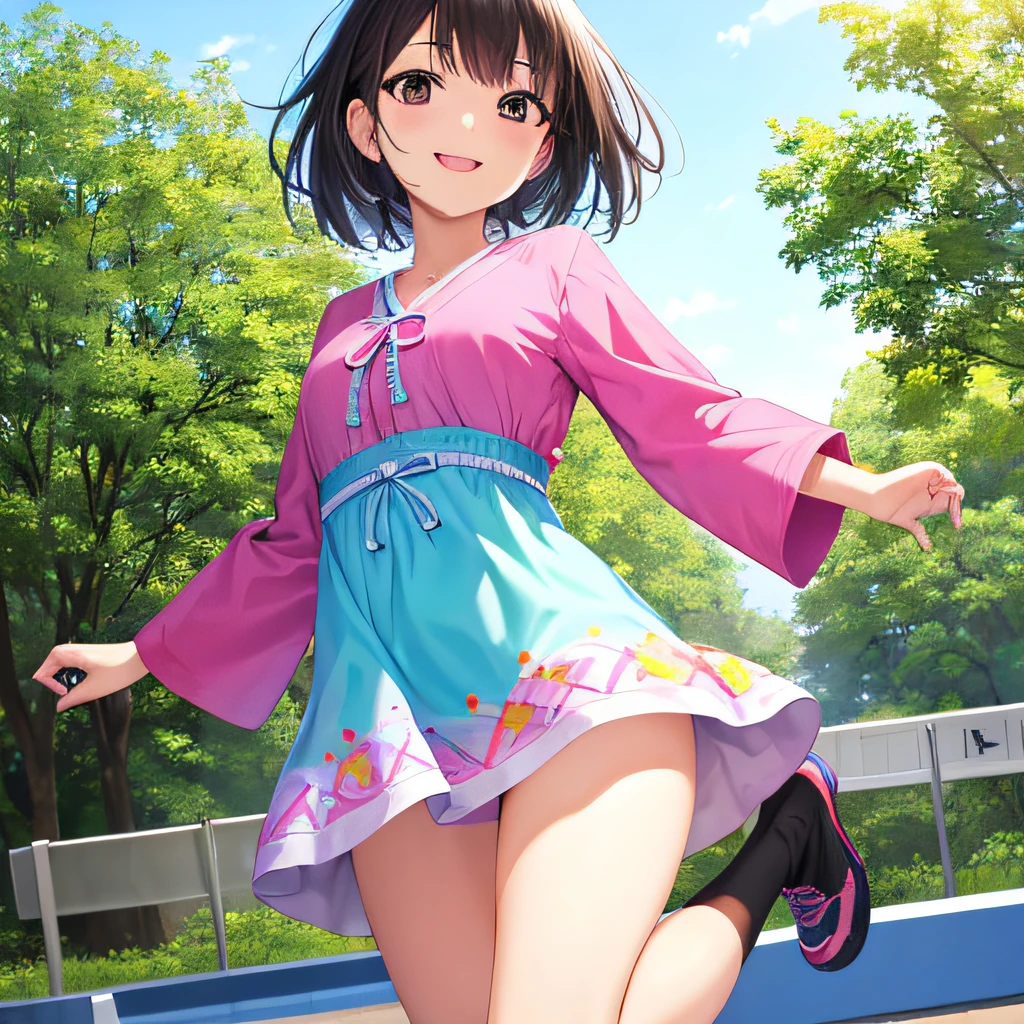 photographrealistic, (masutepiece,Best Quality:1.4),(8K,Raw photo,photographrealistic:1.2), Detailed skin,Detailed face,1girl in,Japanese Idol,Cute face, Black hair,slender, shiny eyes, Smile, BREAK Cute casual tunic dress, Colorful mini dresses, (Jump high, High jump:1.2), Dynamic,Wide Shot