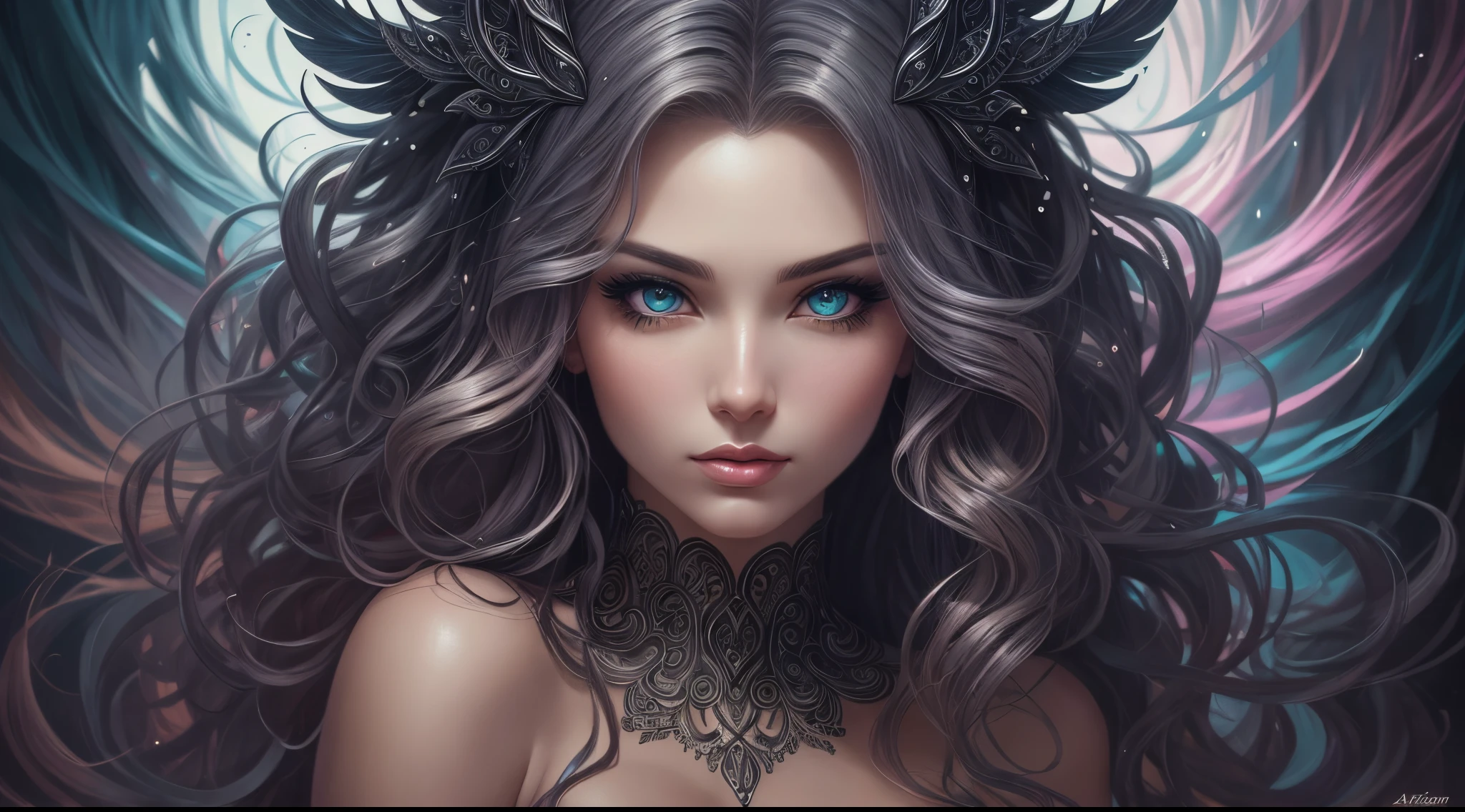Noir painting of a beautiful woman with big, wild wavy rainbow hair; hyper-realistic long lashes, hyper-detailed fantasy art; elegant, intricate, detailed, symmetrical, ethereal, iridescent, 16k face, by Artgerm, WLOP" --auto --s2
