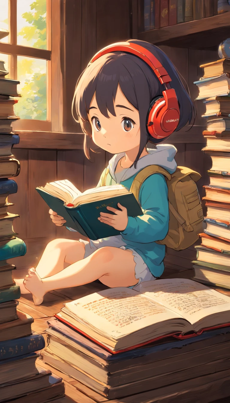 A wearing headphones is reading and immersed in a pile of old books. It lay lazily on the wooden counter next to it.