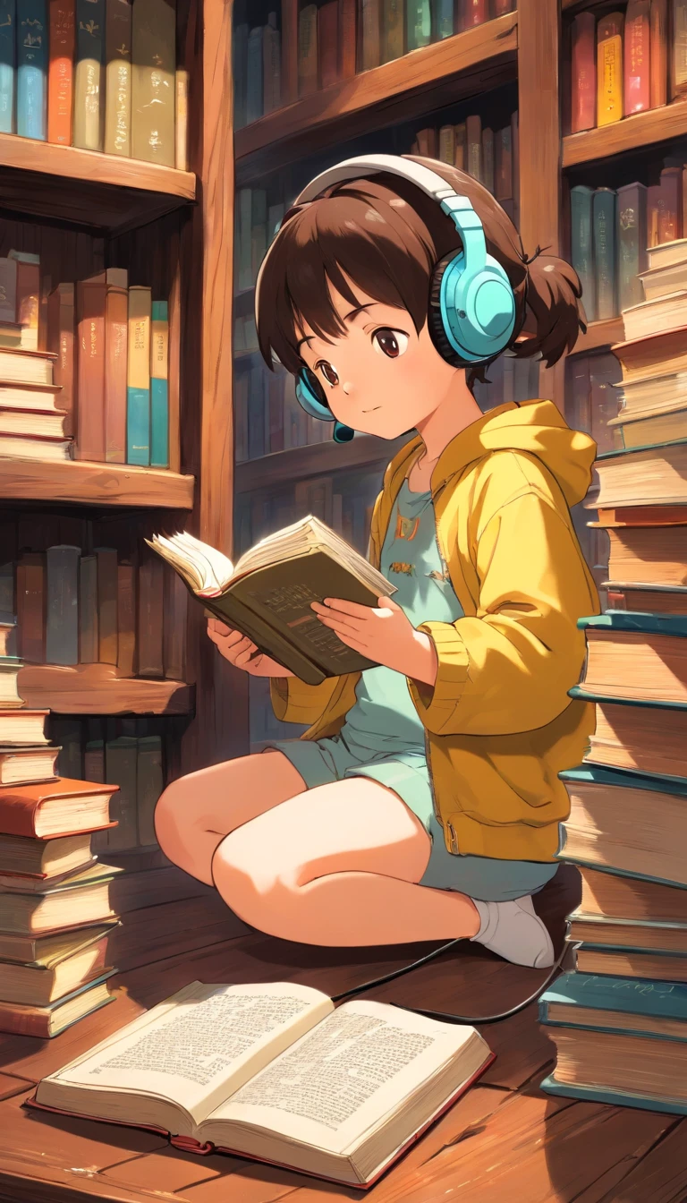 A baby wearing headphones is reading and immersed in a pile of old books. It lay lazily on the wooden counter next to it.