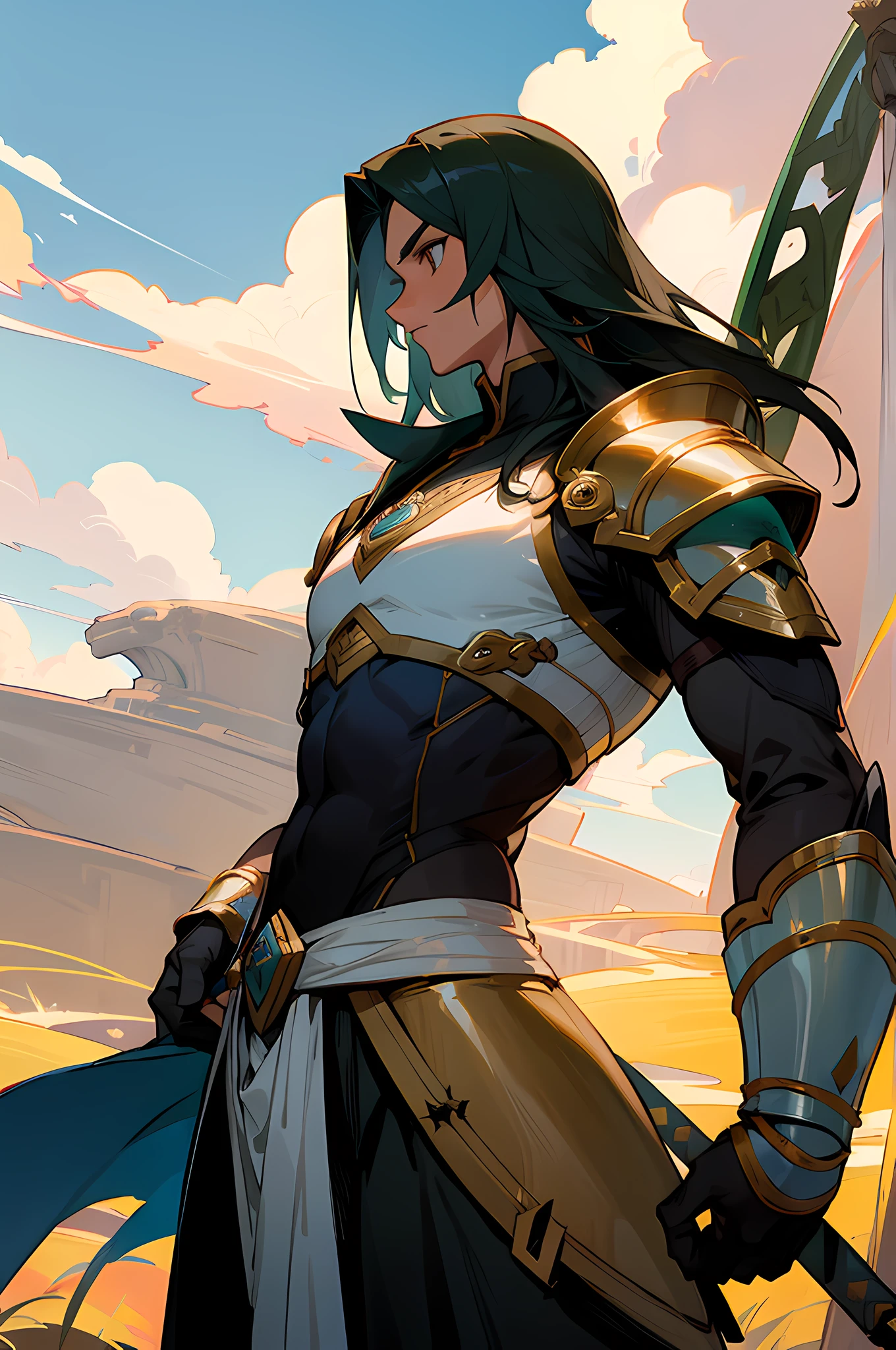 Legendary hero boy, pele parda, cabelo curto ondulado preto, armadura cinza, com detalhes rosas, legendary hero looking at the horizon