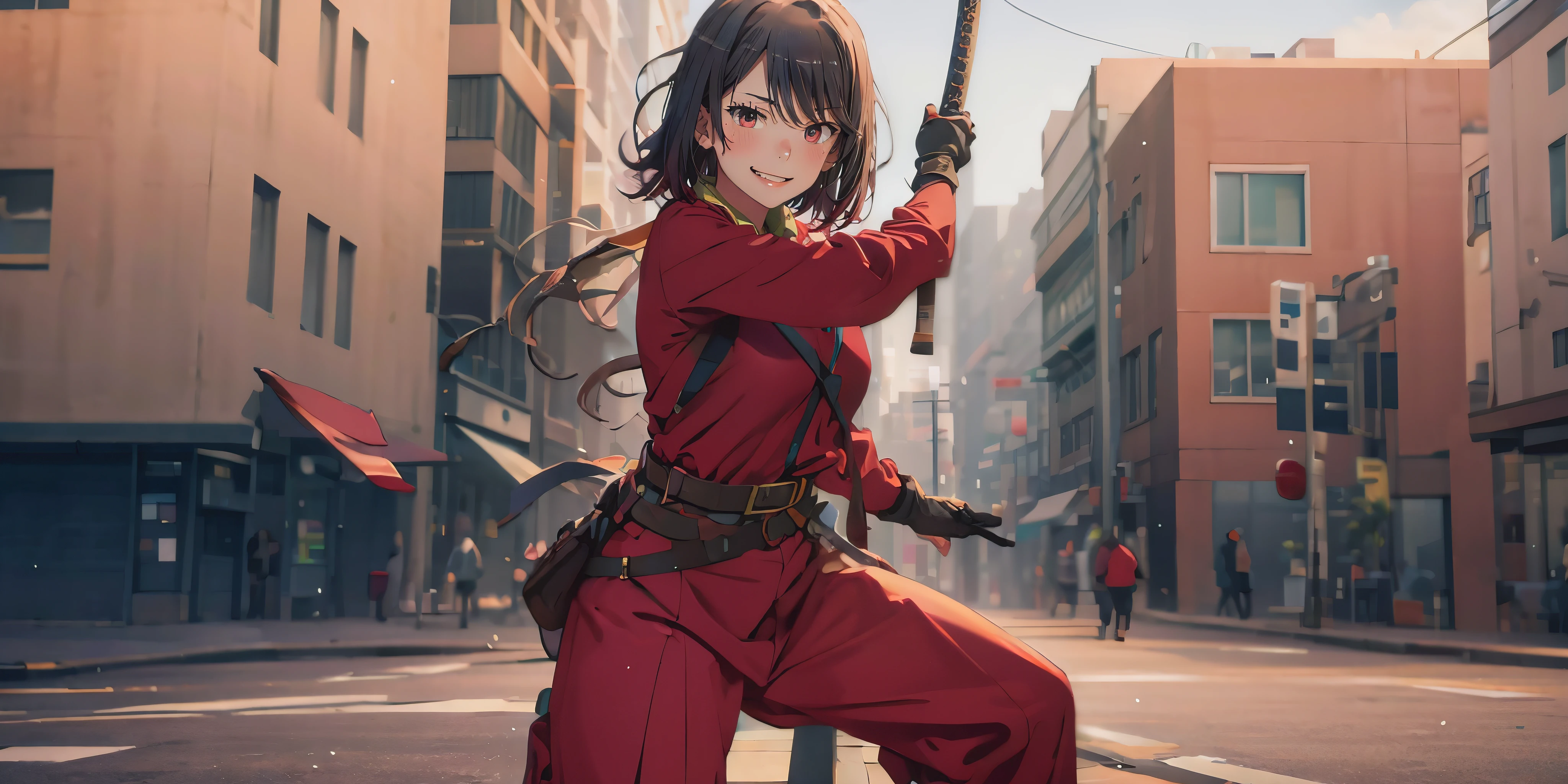 anatomically correct, best quality, masterpiece, high quality, high details, highres, HD, (shaded face:1.2), hollow eyes, maroon eyes, looking at viewer, heavy breathing, smirk, upper teeth, black hair, short hair, sword, weapon, 1girl, black_hair, katana, holding_weapon, gloves, belt, holding, holding_sword, breasts, pants, building, solo, cityscape, city, long_sleeves, black_gloves, outdoors, looking_at_viewer, smile, sheath, bangs