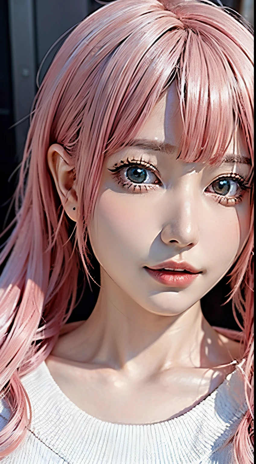 ((top-quality)), ((​masterpiece)), (high-detail:1.3), 。.。.3D, Beautiful fece (cyberpunked:1.3) Pink colored hair、Hacker woman in white looking at camera、(A slight smil:0.4)