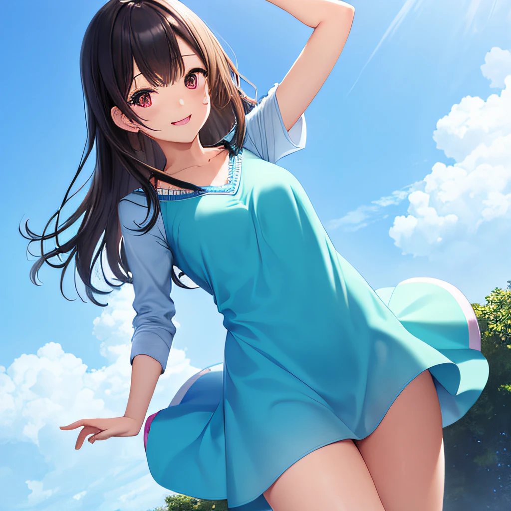 photographrealistic, (masutepiece,Best Quality:1.4),(8K,Raw photo,photographrealistic:1.2), Detailed skin,Detailed face,1girl in,Japanese Idol,Cute face, Black hair,slender, shiny eyes, Smile, BREAK Cute casual tunic dress, Colorful mini dresses, (Jump high, High jump:1.2), Dynamic,Wide Shot