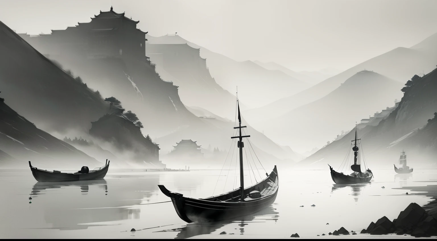 Black and white Chinese ink painting，water ink，ink，Smudge，Lonely boats，Fishing alone in the cold river snow，Ancient Chinese poetry