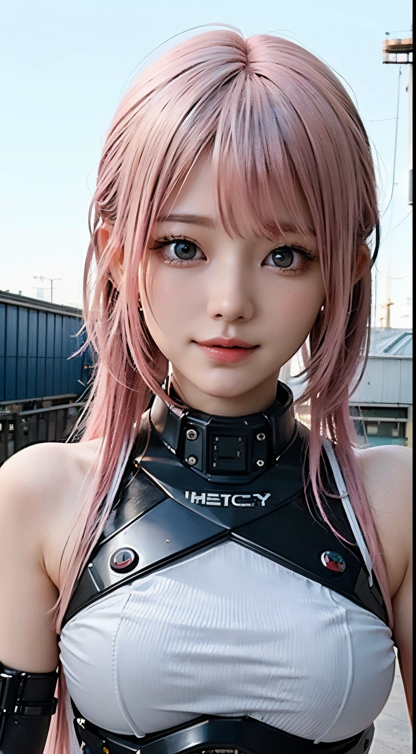 ((top-quality)), ((​masterpiece)), (high-detail:1.3), 。.。.。.。.3D, Beautiful fece (cyberpunked:1.3) Pink colored hair、Hacker woman dressed in white looking at camera、(A slight smil:0.4)