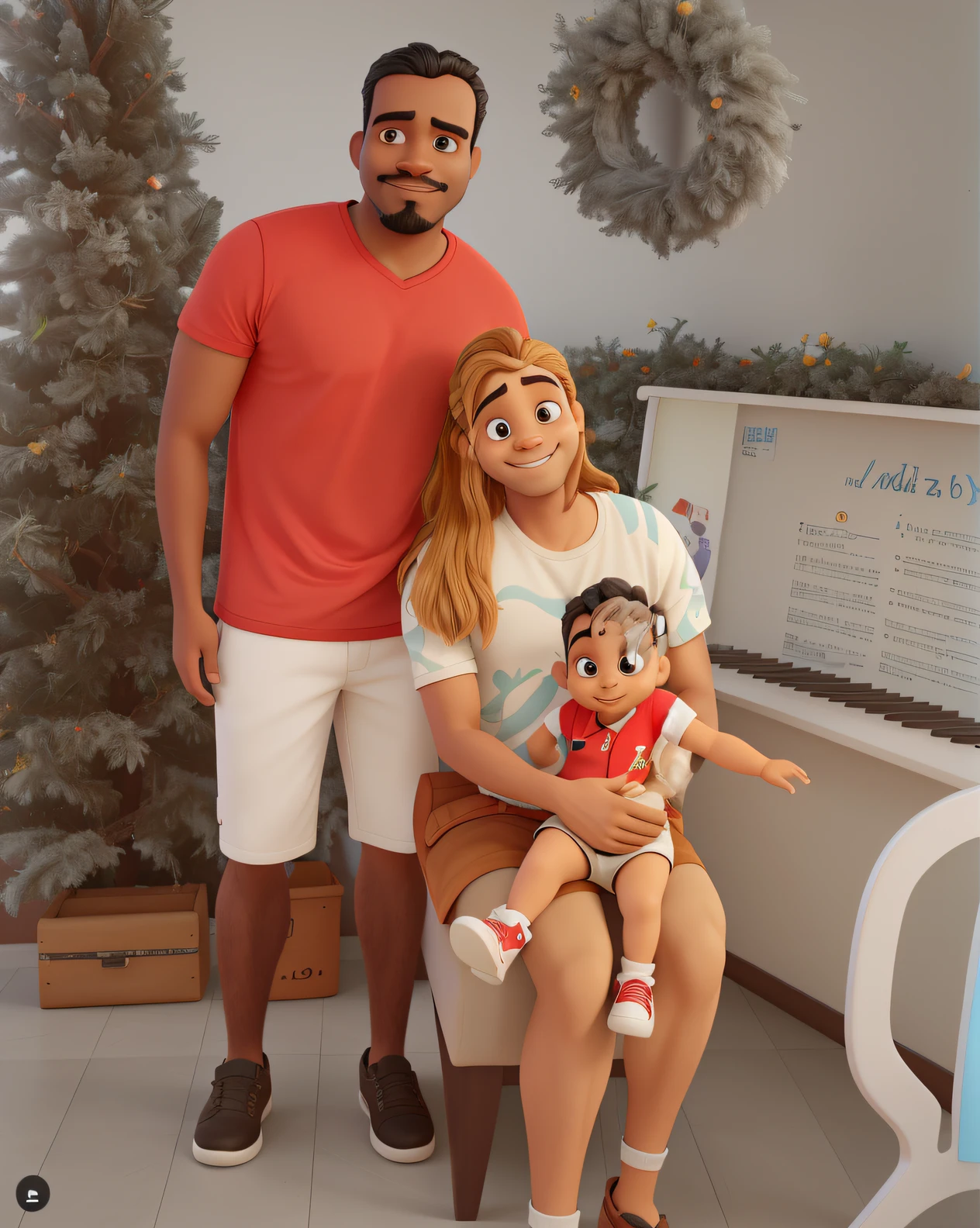 A Disney-Pixar-style 3D movie poster, a dark-skinned man of Indian race, straight medium hair with beard and mustache, ao lado de uma jovem sorrindo de cabelo ruivo laranja, sentado em uma cadeira segurando o filho de 1 ano no colo, ao fundo de fundo de uma sala natalina
