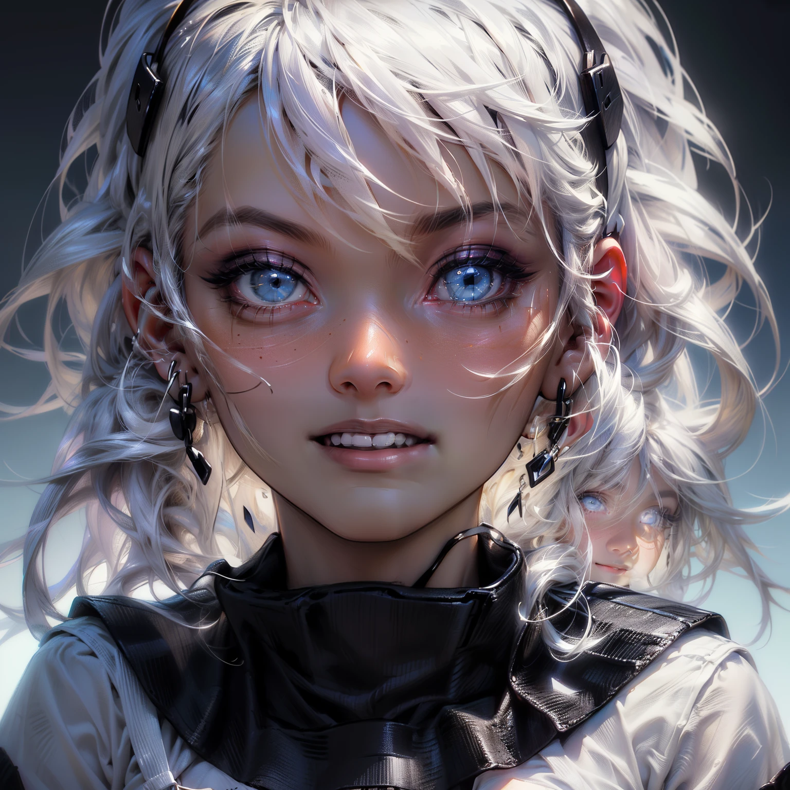Blue eyes, 1girl, white hair, parted lips, blush, makeup, light smile, light rays, glow, collarbone, headgear, choker, black footwear, (absurdres, highres, ultra detailed, masterpiece, best quality:1.4), (detailed background), (beautiful detailed face), high contrast, (best illumination, an extremely delicate and beautiful), ((cinematic light)), dramatic light, hyper detail, intricate details, (nipples), small breasts, (school uniform), sitting