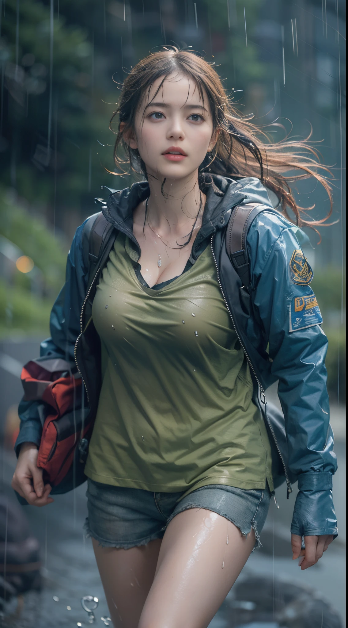 8k, top-quality, (pubic hair beauty)、hight resolution, 逼真, realperson, A beautiful muscular woman is carrying a large amount of luggage with special equipment on her back on a beautiful mountain road in the Alps where it is raining heavily.、((I'm desperately rushing and running as fast as I can))、Hurry、He wears tight shorts and a T-shirt that is so short that his stomach is exposed.、(My hair is soaked from the rain)、huge tit、A large amount of raindrops on the cleavage、Death Stranding