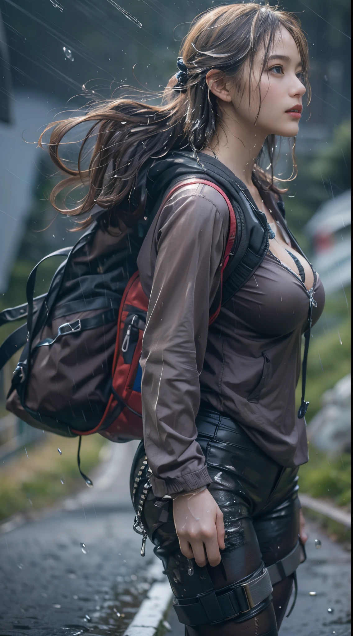 8k, top-quality, (pubic hair beauty)、hight resolution, 逼真, realperson, A beautiful muscular woman is carrying a large amount of luggage with special equipment on her back on a beautiful mountain road in the Alps where it is raining heavily.、((I'm desperately rushing and running as fast as I can))、Hurry、He wears tight shorts and a T-shirt that is so short that his stomach is exposed.、(My hair is soaked from the rain)、huge tit、A large amount of raindrops on the cleavage、Death Stranding