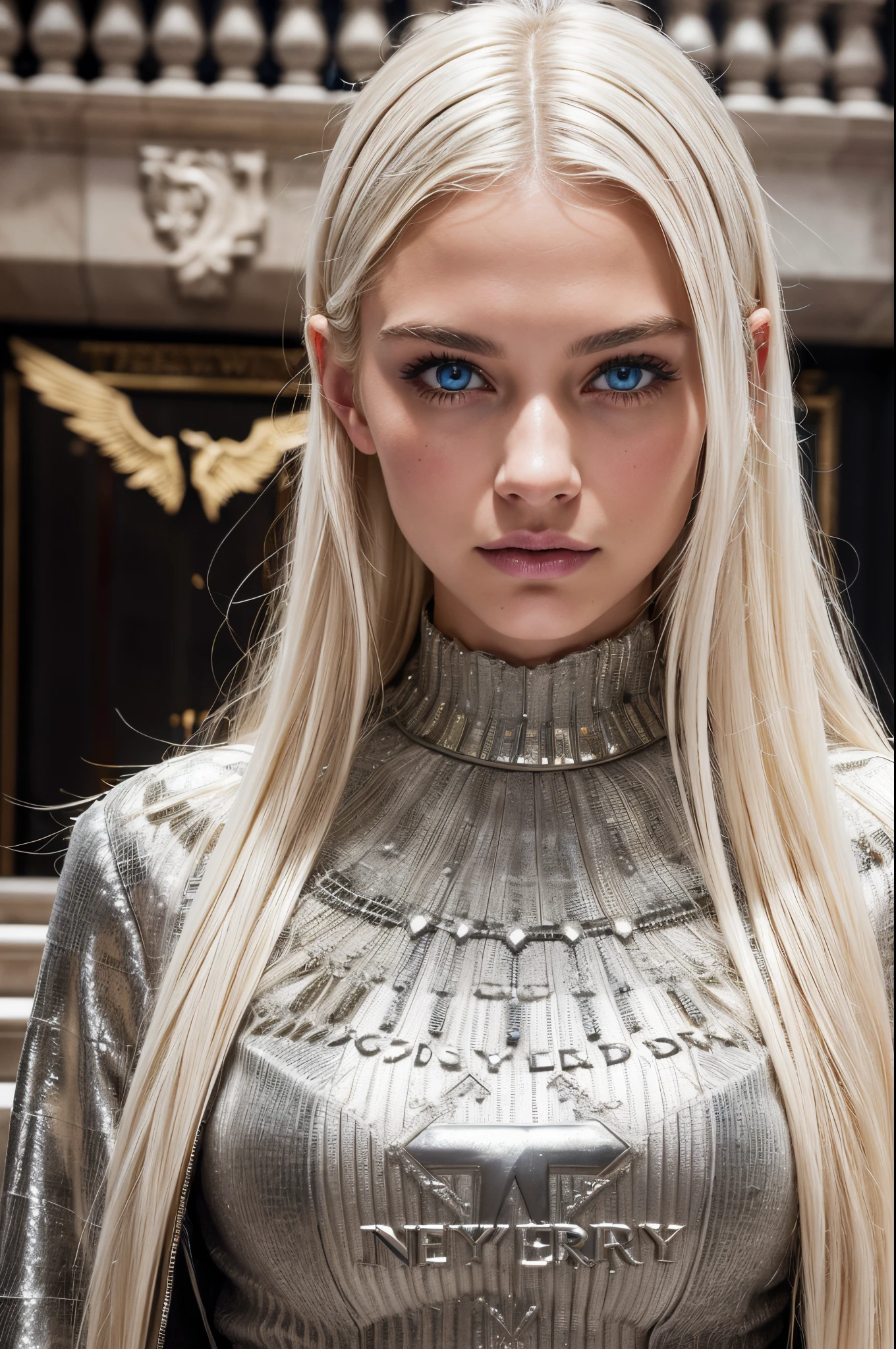 White hair, White hair, glowing hair, Detailed hair, Blue Eyes, beautidful eyes, extremely detailed eyes and face, Beautiful detailed eyes, Ultra-detailed, light on the face, Fair skin, a 18 year old girl, bianca, long hair down to the waist, Wear the Burberry Winter Collection,Inspired by birds, Milan Fashion Week, BAPV, New York Stock Exchange(New York Stock Exchange(New York Stock Exchange(New York Stock Exchange(New York Stock Exchange(NYFW))))), Vogue Style, s whole body, happy, Creative archetype, looking at camera, burberry sunglasses, burberry accessories