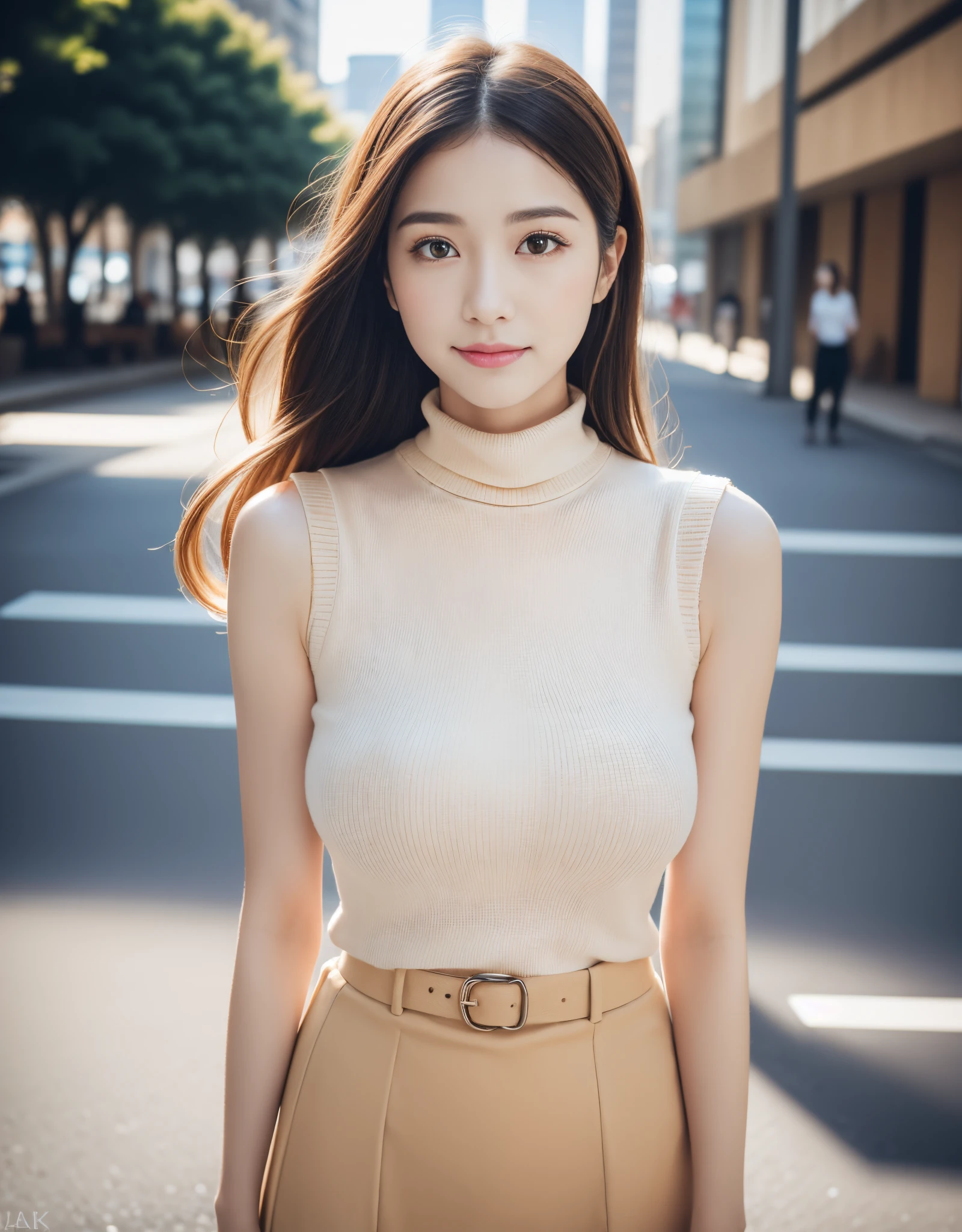 (High reality photograph, high resolusion, detailed face, detailed eyes) Skinny Japanese lady, 40 years old, wife, cute face, various face expression, solo:1, lovely body, skinny figure, small breasts, long wavy hair, emphasizing very thin waist, posing in a street, full-body photo