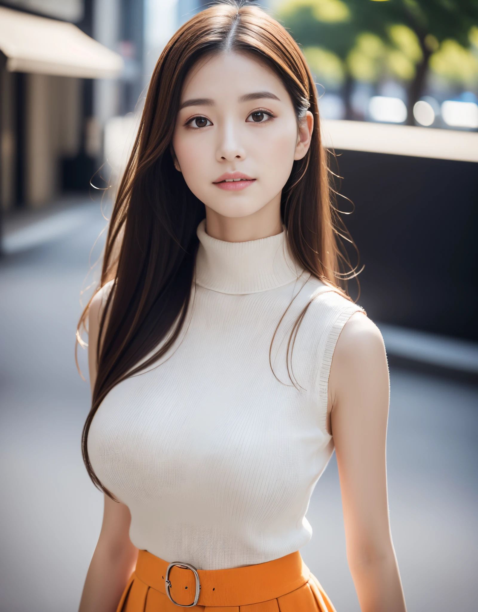 Best quality at best, white skinned, Real human skin, (详细的脸), Face focus, Ultra-clear images, Goose egg face, pores, 超高分辨率, (8K, RAW photogr, realisticlying:1.4), 1个Giant Breast Girl, Slim, (Bigchest:1.37), (Looking directly at the audience with goddess-like tranquility and happiness:1.2), (Improve gloss, eyeslashes, gloss face, Best quality at best, Ultra-high sharpness, Extensive lighting, naturalshadow), Teachers are stylish, orange sleeveless turtleneck:1.3, black box knee length skirt, view over city, fashionable street market, Place your arms behind your back:1.3, burial background, bokeh, depth of fields, cow boy shot:1.3,