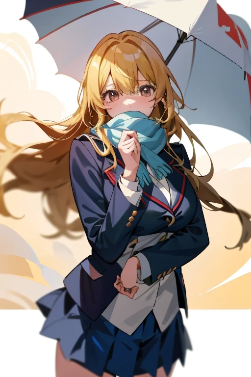 (8K、top-quality、top-quality、masterpiece、ighly detailed: 1.2)、 1 人、The whole of the body、femele、I'm looking cold、at noon、Winters、 frontage、blonde hair、a blond、he is wearing a blazer、Winding muffler、hands on the muffler、in school uniform、Pupils、Breasts are big、Colossal tits、Coming to school、midwinter