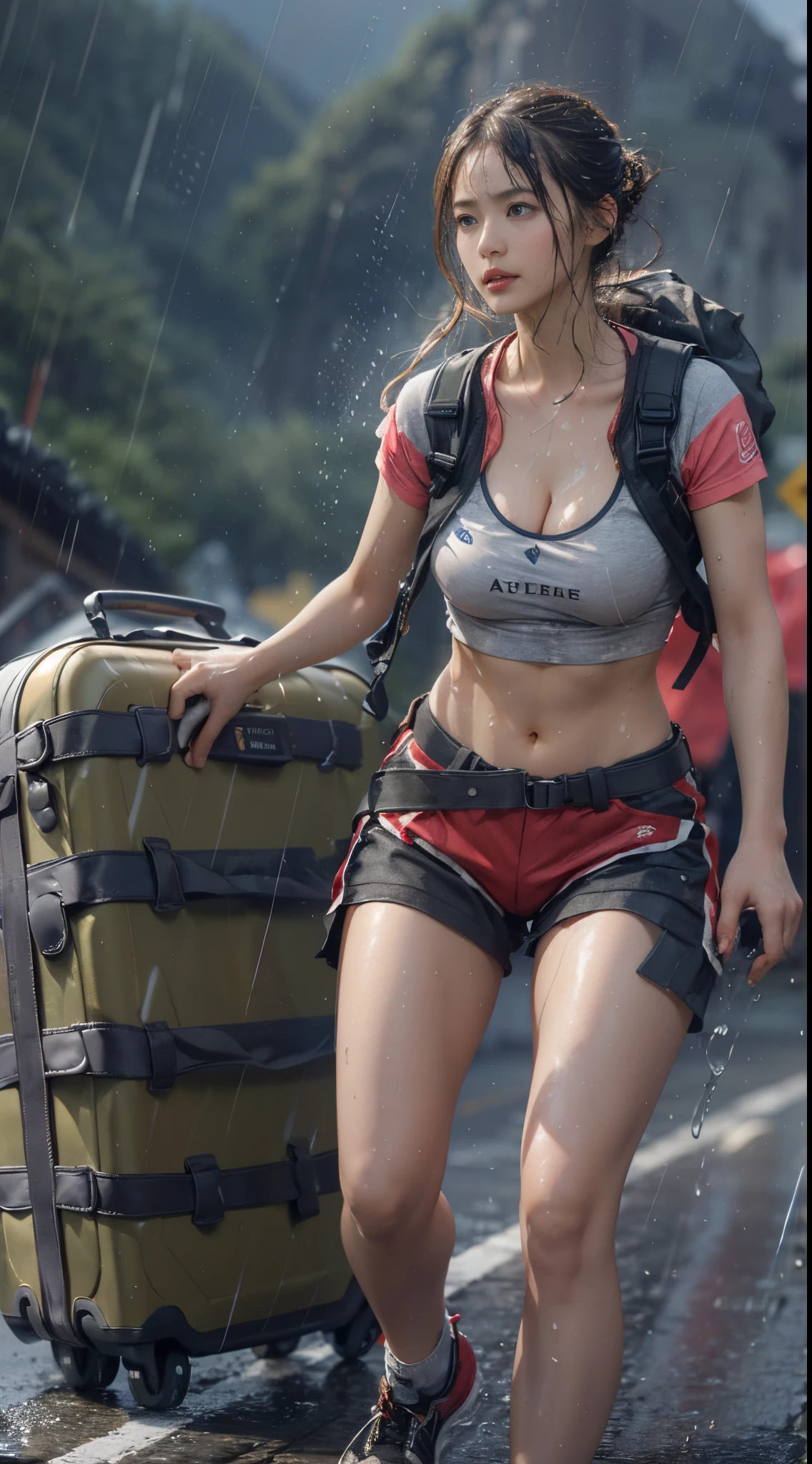 8k, top-quality, （pubic hair beauty）、hight resolution, 逼真, realperson, A beautiful muscular woman is carrying a large amount of luggage with special equipment on her back on a beautiful mountain road in the Alps where it is raining heavily.、((I&#39;m desperately rushing and running as fast as I can))、Hurry、He wears tight shorts and a T-shirt that is so short that his stomach is exposed.、(My hair is soaked from the rain)、huge tit、A lot of sweat in the cleavage、A sad face looking up at the sky、Death Stranding、(((A faint human-shaped shadow in the rain)))
