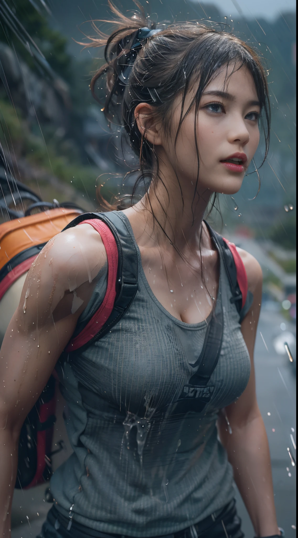 8k, top-quality, (pubic hair beauty)、hight resolution, 逼真, realperson, A beautiful muscular woman is carrying a large amount of luggage with special equipment on her back on a beautiful mountain road in the Alps where it is raining heavily.、((I'm desperately rushing and running as fast as I can))、Hurry、((Fleeing))、He wears tight shorts and a T-shirt that is so short that his stomach is exposed.、(My hair is soaked from the rain)、huge tit、A large amount of raindrops on the cleavage、Death Stranding