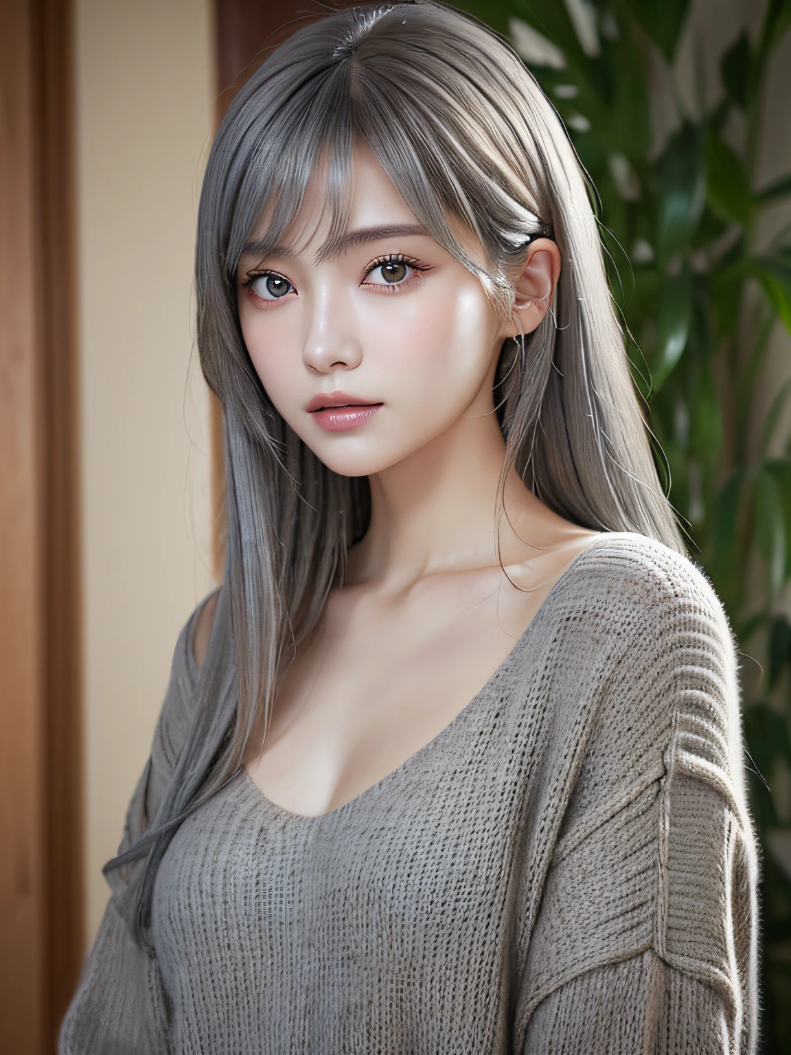 (masuter piece:1.3)、(8K、Photorealsitic、Raw photography、top-quality: 1.4)、(1girl in)、美丽的面容、(Lifelike face)、(Gray hair:1.5)、(Medium Hair)、Beautiful hairstyle、(One eye is hidden by bangs:1.5)、realisticeyes、Beautiful details、(real looking skin)、Beautiful skins、(Sweaters)、absurderes、enticing、超A high resolution、A hyper-realistic、high-detail、the golden ratio