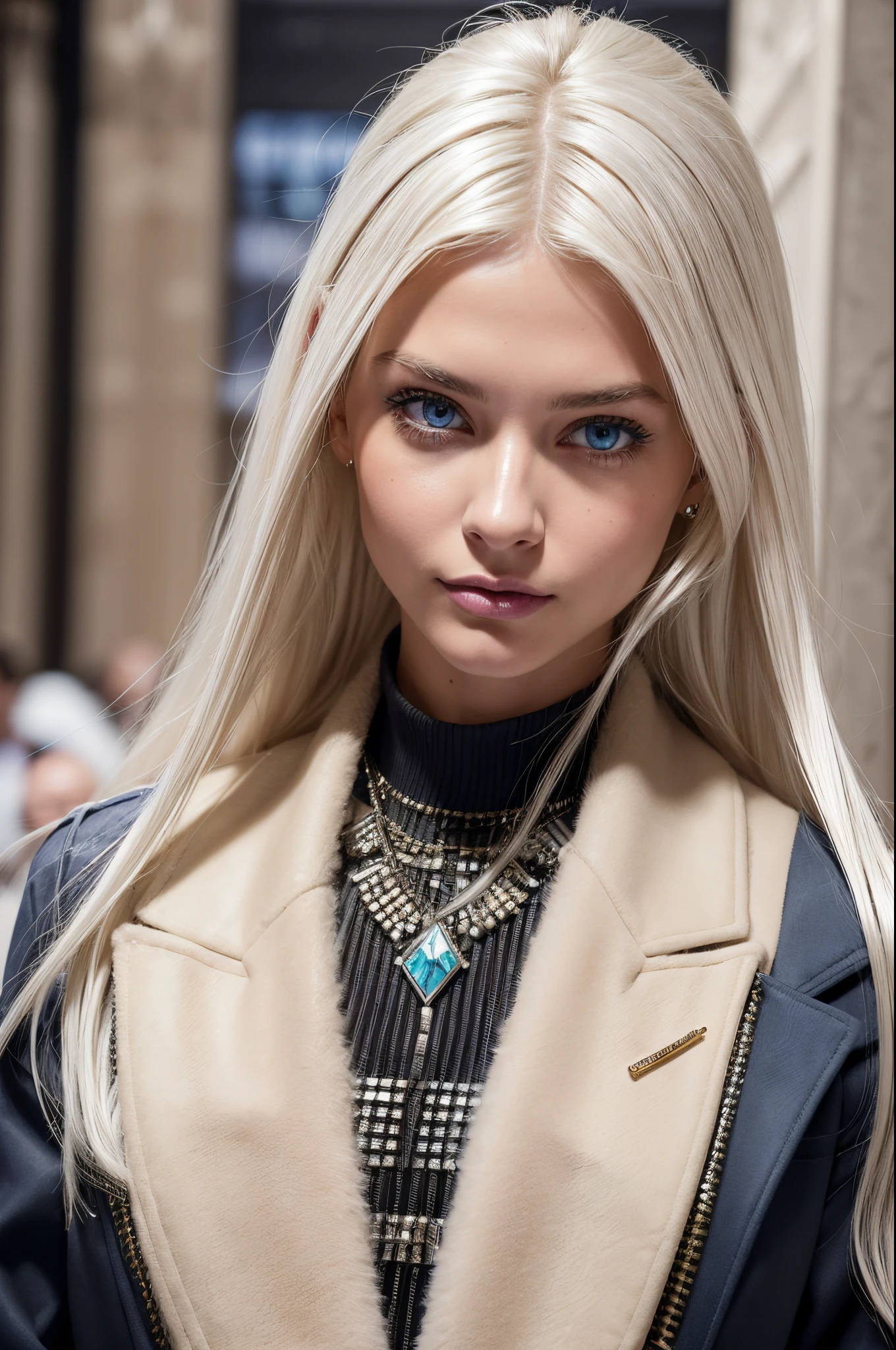 White hair, White hair, glowing hair, Detailed hair, Blue Eyes, beautidful eyes, extremely detailed eyes and face, Beautiful detailed eyes, Ultra-detailed, light on the face, Fair skin, a 18 year old girl, bianca, long hair down to the waist, Wear the Burberry Winter Collection,Inspired by birds, Milan Fashion Week, BAPV, New York Stock Exchange(New York Stock Exchange(New York Stock Exchange(New York Stock Exchange(New York Stock Exchange(New York Stock Exchange(NYFW)))))), Vogue Style, s whole body, happy, Creative archetype, looking at camera, burberry sunglasses, burberry accessories