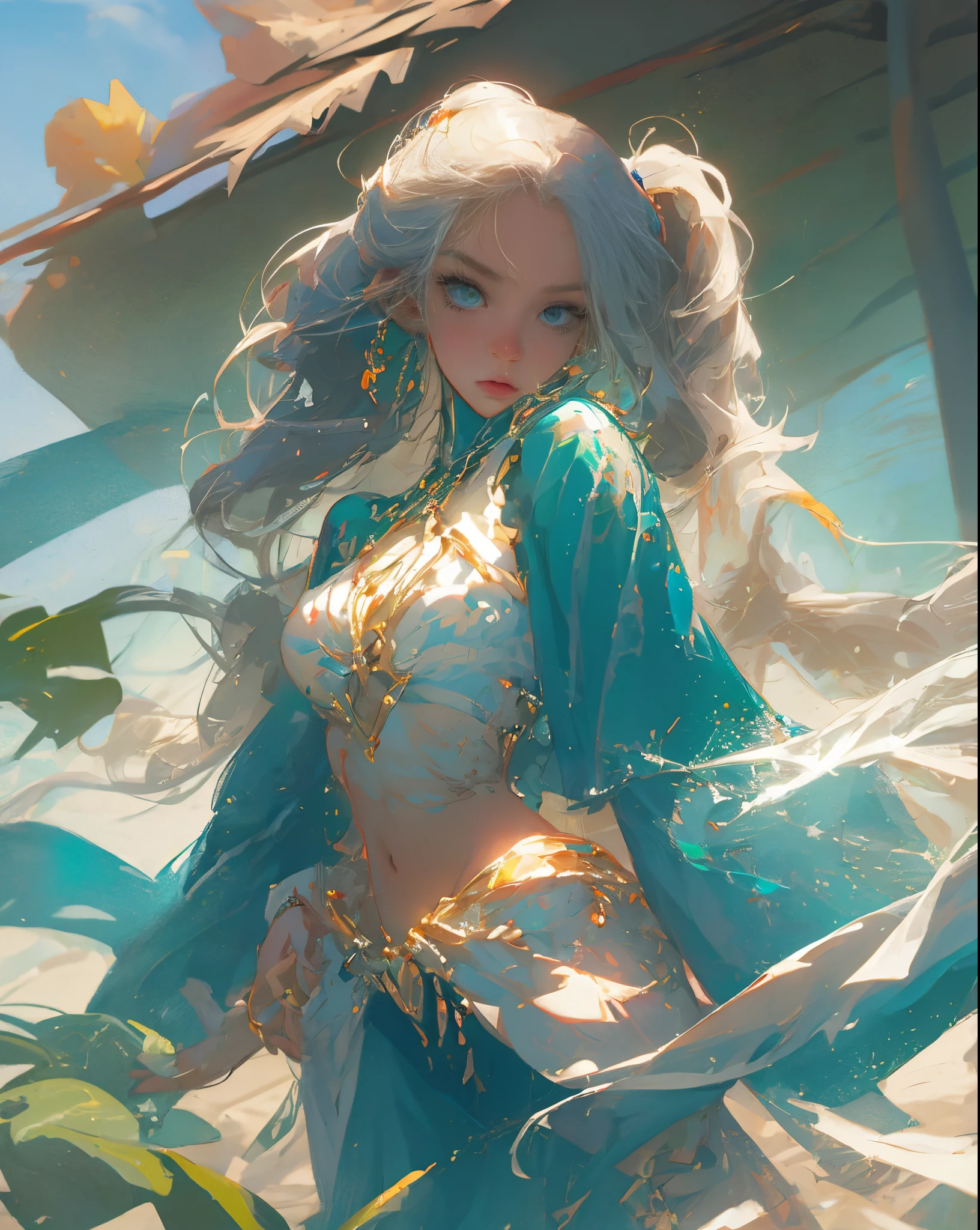 style of league of legends，Woman in off-the-shoulder clothes，Life-size colorful long hair，Serious expressions，Complex clothing，Beautiful patterns are engraved on clothes，Fair and attractive thighs are exposed，The long skirt swayed in the wind，Creek reflection